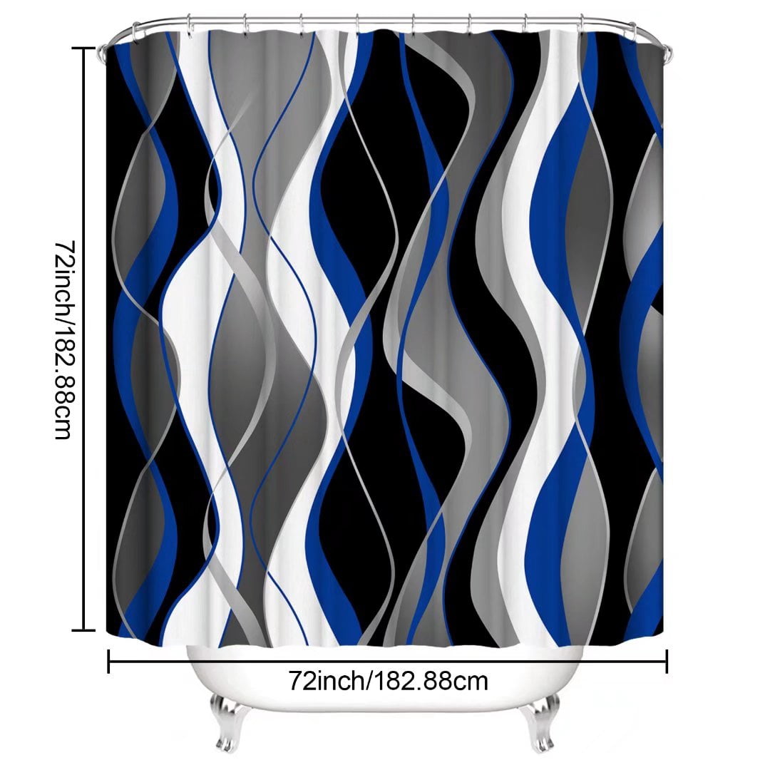 4Pcs Blue Shower Curtain Sets with Non-Slip Rugs, Toilet Lid Cover and Bath Mat, Black and Gray Bathroom Decor Set Ac... - Image 3