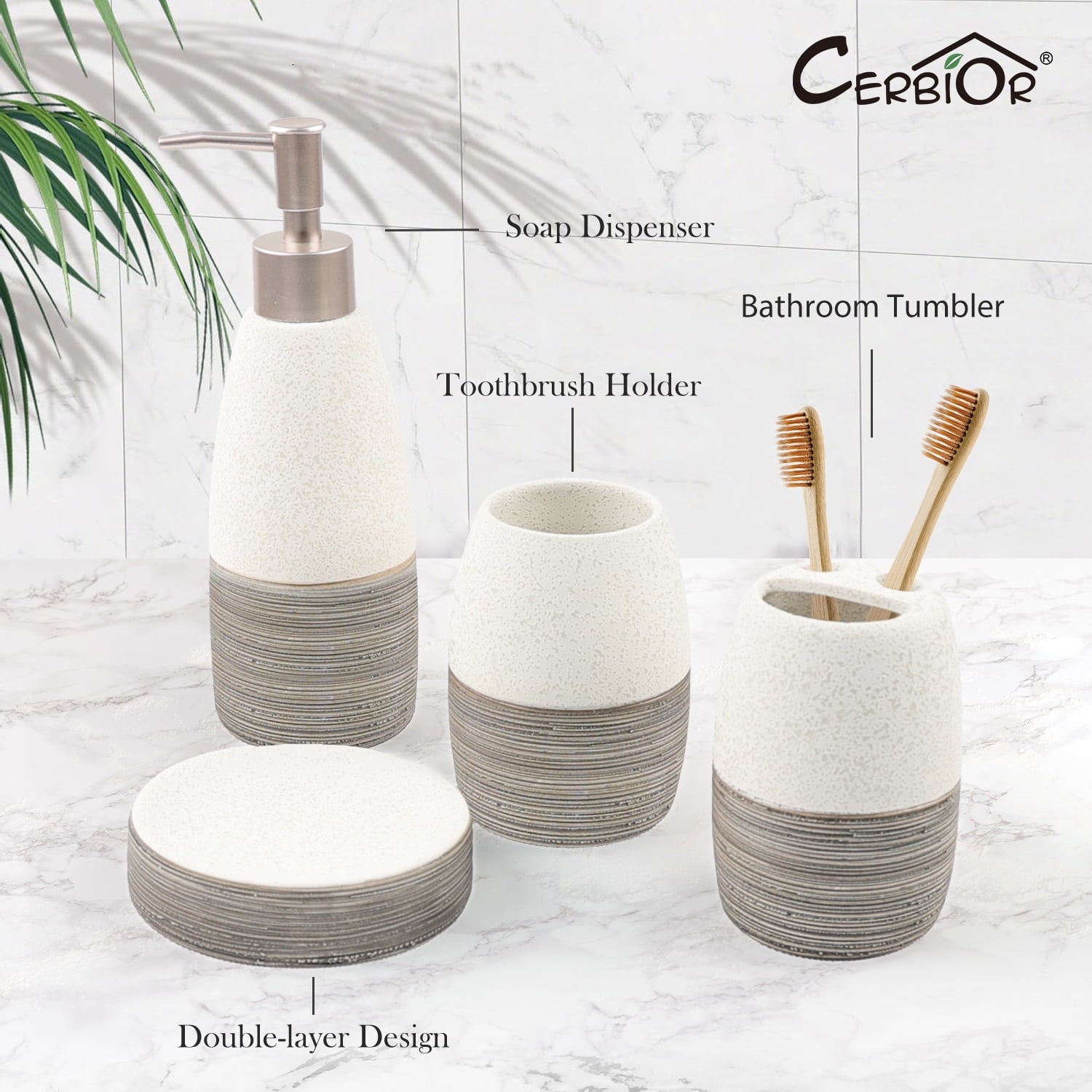 Deluxe Dual Tone White with Clay Bathroom Accessories Set 4 Pcs - Toothbrush Holder, Lotion Soap Dispenser, Bathroom ... - Image 5