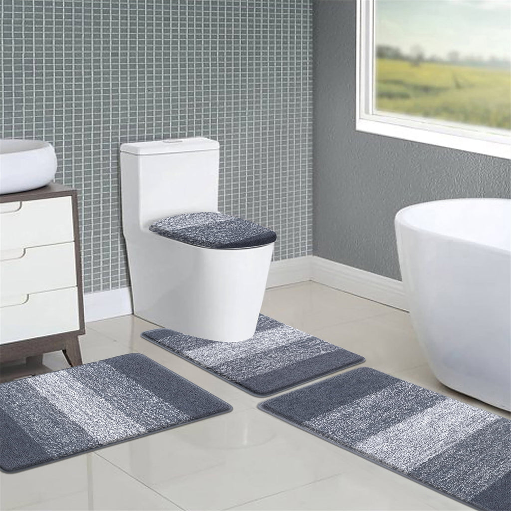 4 Piece Microfiber Washable Bathroom Rug Set, Grey - Image 3
