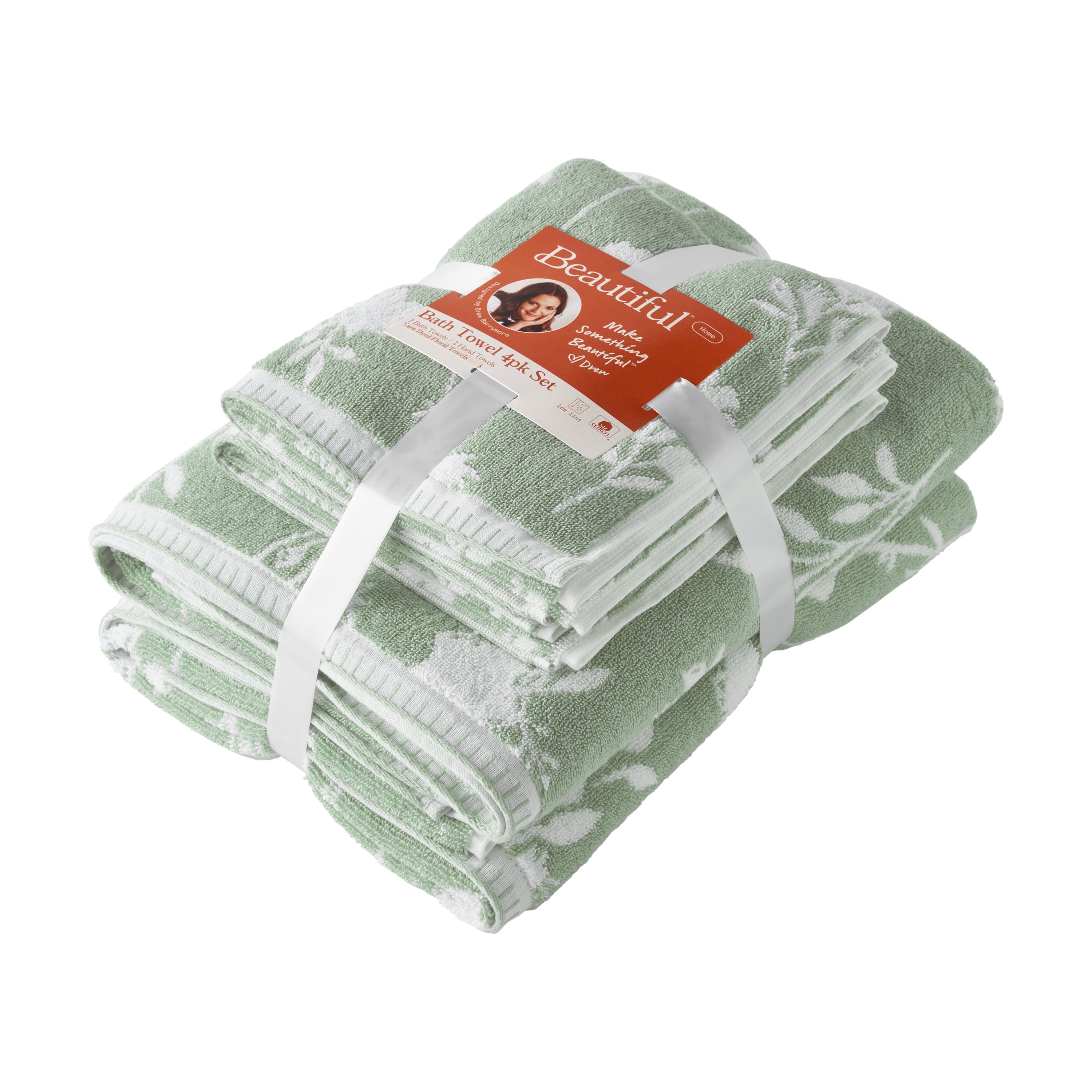 4-Piece Floral Bath Towel Set, 100% Cotton, Sage Green - Image 4