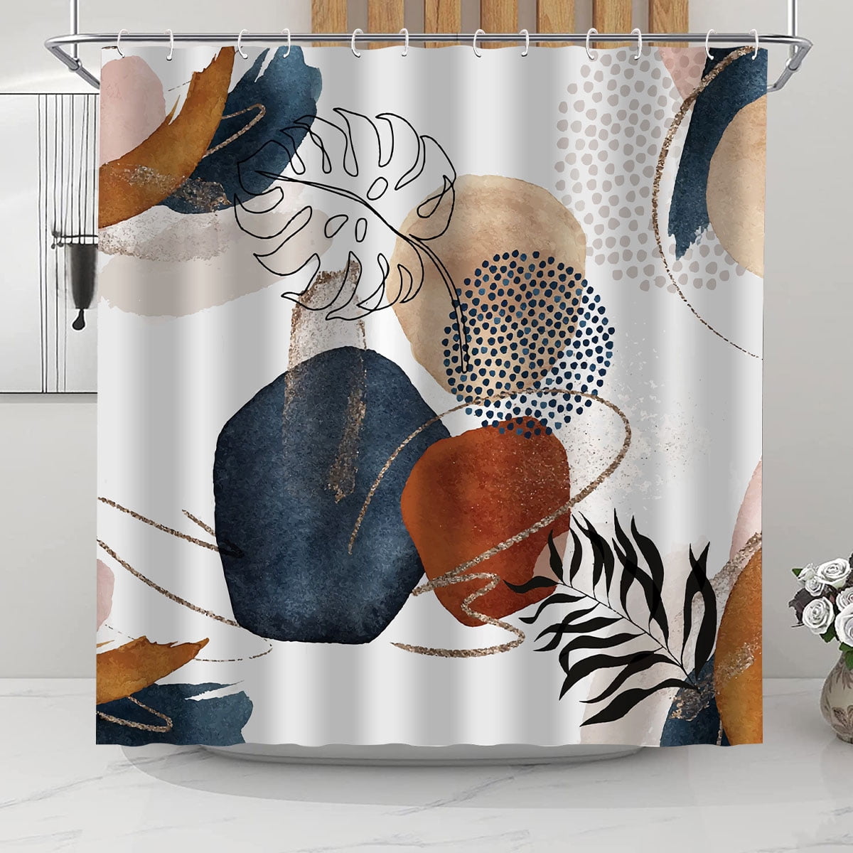 Curtain, Boho Mid Century Modern Neutral Geometric Bathroom Curtain Decor with 12 Hooks, 72" x 72" - Image 6