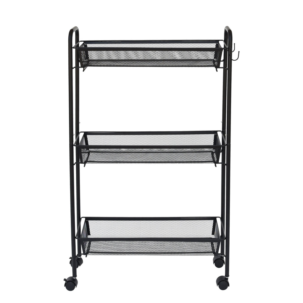 3-Tier Rolling Bathroom Storage Cart with Hooks, Black - Image 2