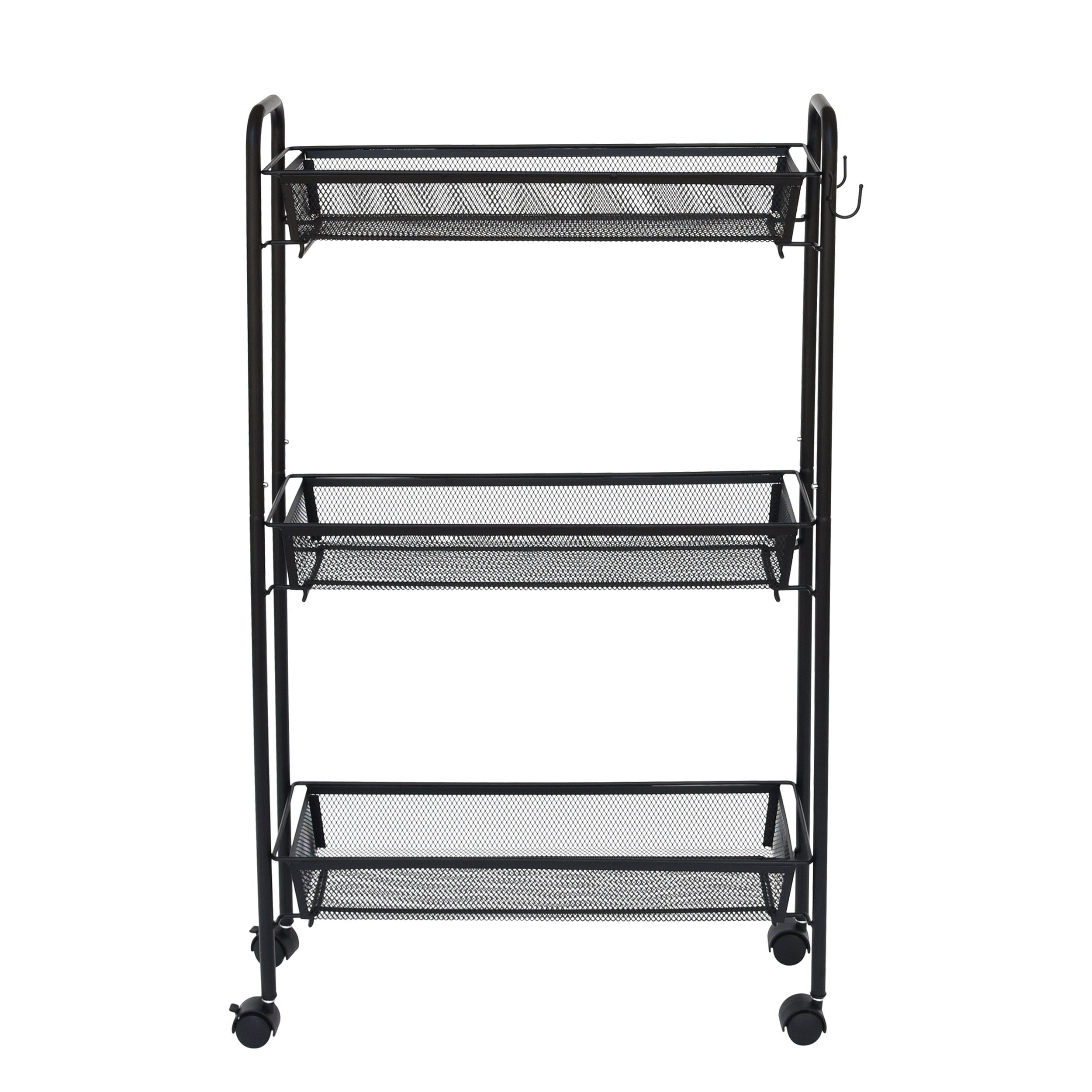 3-Tier Rolling Bathroom Storage Cart with Hooks, Black - Image 2