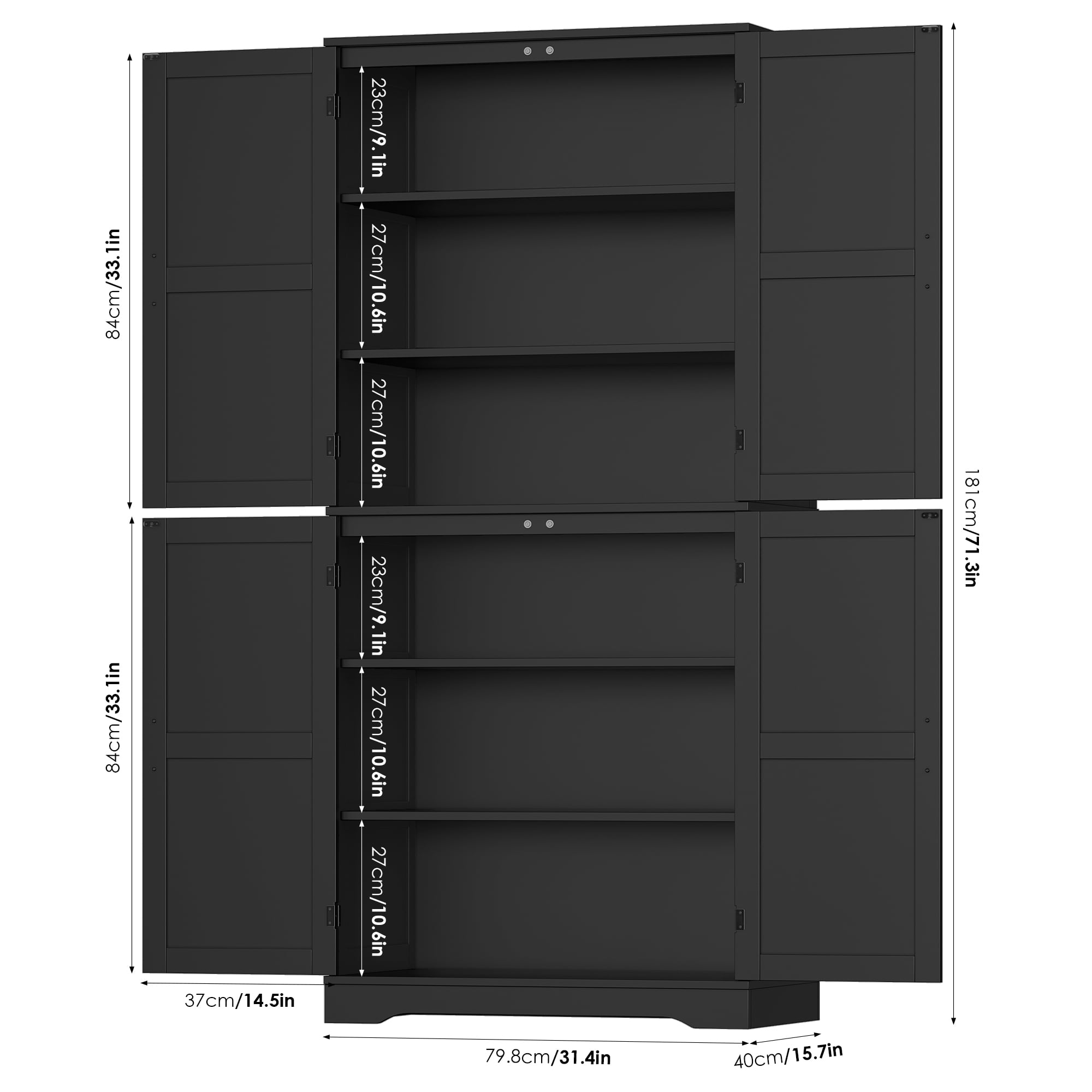 71'' Bathroom Cabinet with 6 Storage Shelves, Freestanding Wooden Linen Cabinet for Living Room, Black - Image 2