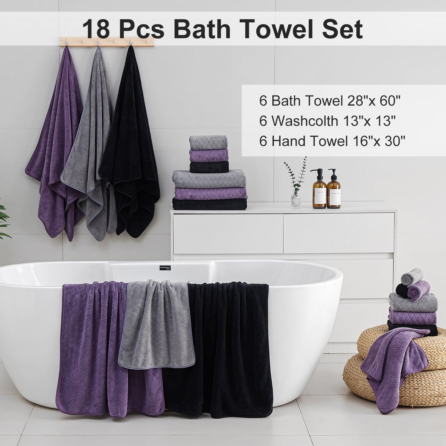 Smuge 18 pcs Bath Towel Sets, Include 6 Bath Sheet Towels, 6 Hand Towels, 6 Washcloths, Soft Microfiber Highly Absorbent Shower Towel for Ba - Image 5