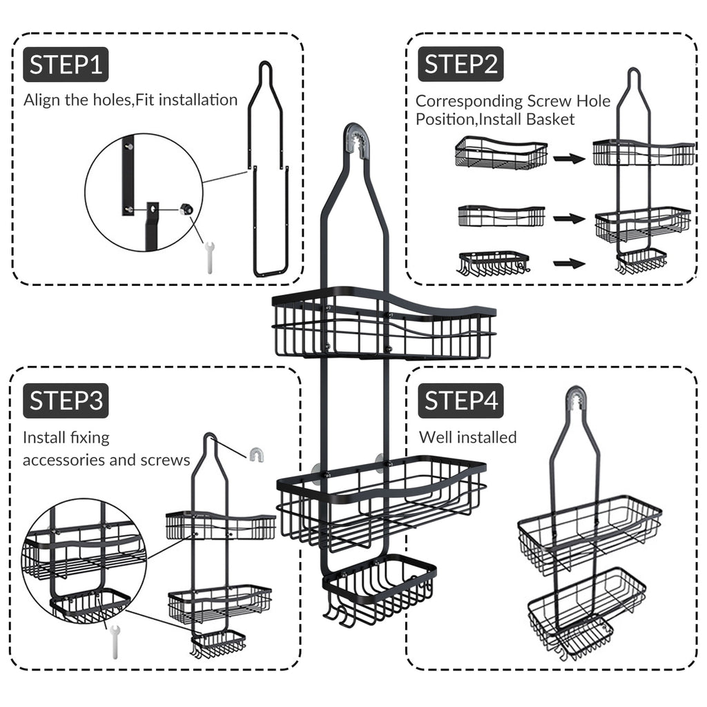 Shower Caddy, 3 Shelves Large Capacity Shower Caddy Over Shower Head, Rustproof, No Drilling,Black - Image 2