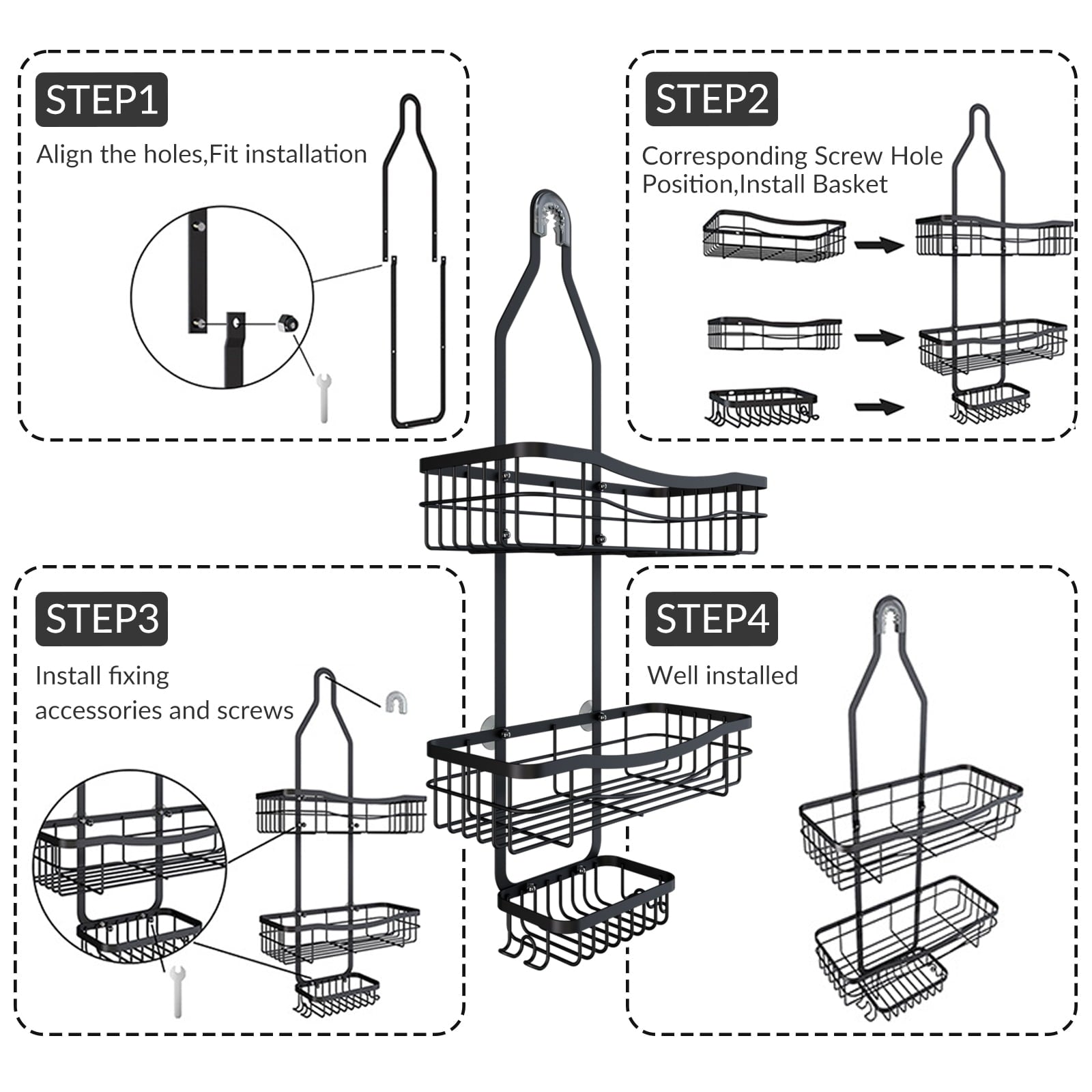 Shower Caddy, 3 Shelves Large Capacity Shower Caddy Over Shower Head, Rustproof, No Drilling,Black - Image 2