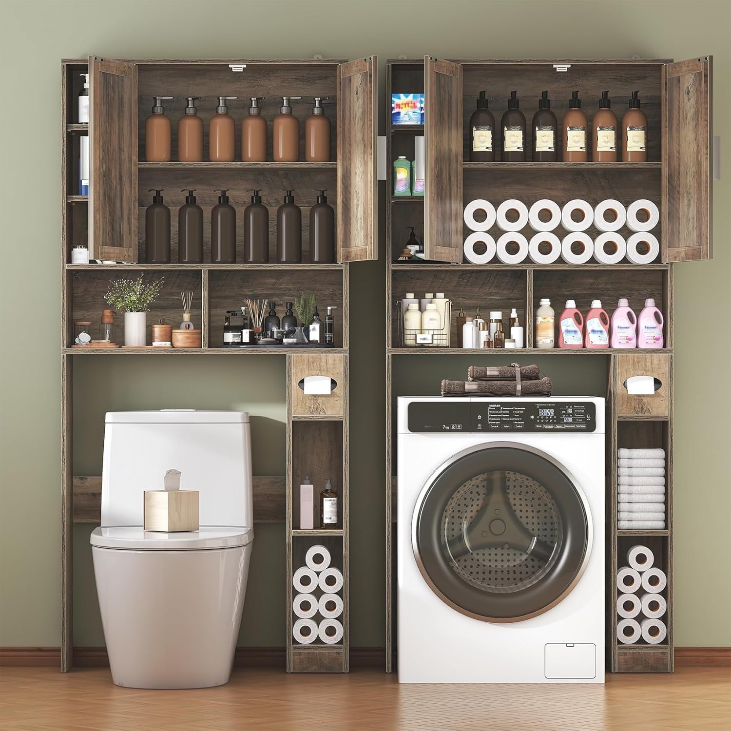Cabinet with 2 Barn Doors, 10 Adjustable Shelves & Tissue Holder,Bathroom Storage,Grey - Image 6