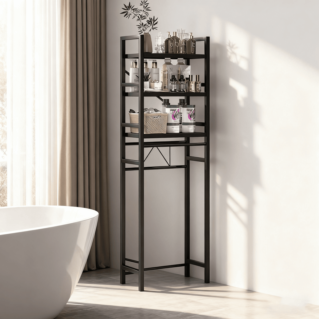 The Toilet Storage Shelf, 3-Tier Freestanding Steel Bathroom Organizer, Adjustable Space Saver Rack with Hooks, Black - Image 3