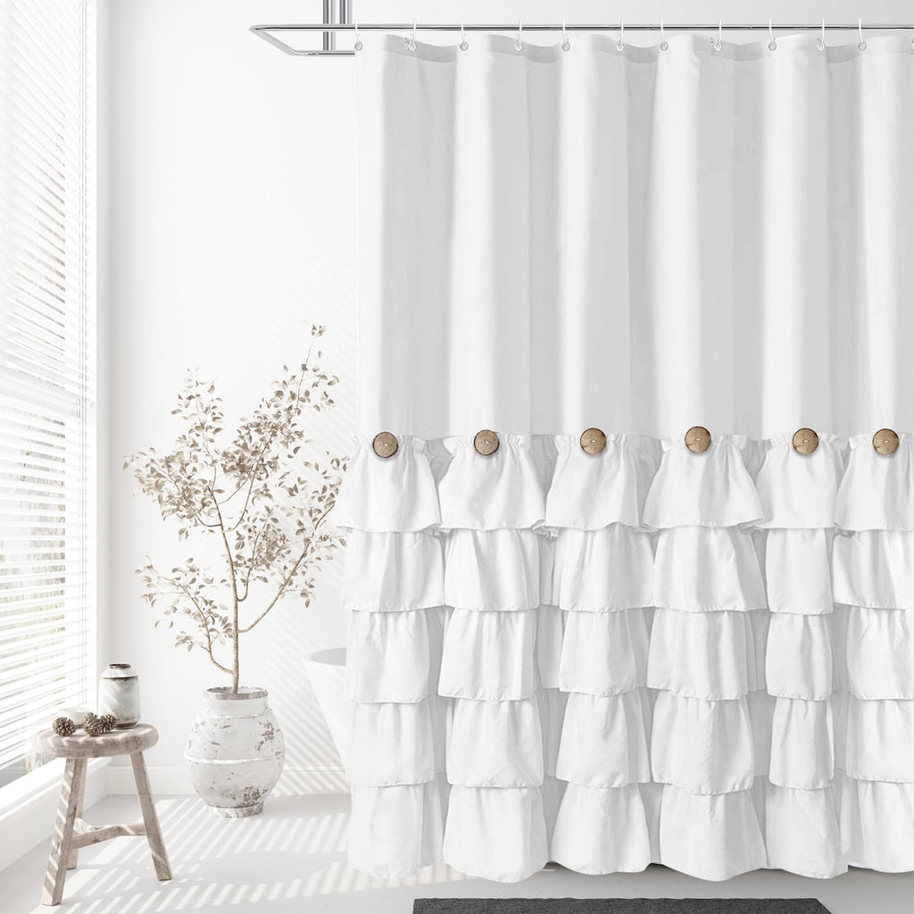 Shower Curtain with Buttons and 12 Hooks for Bathroom, White, 72" x 72" - Image 5