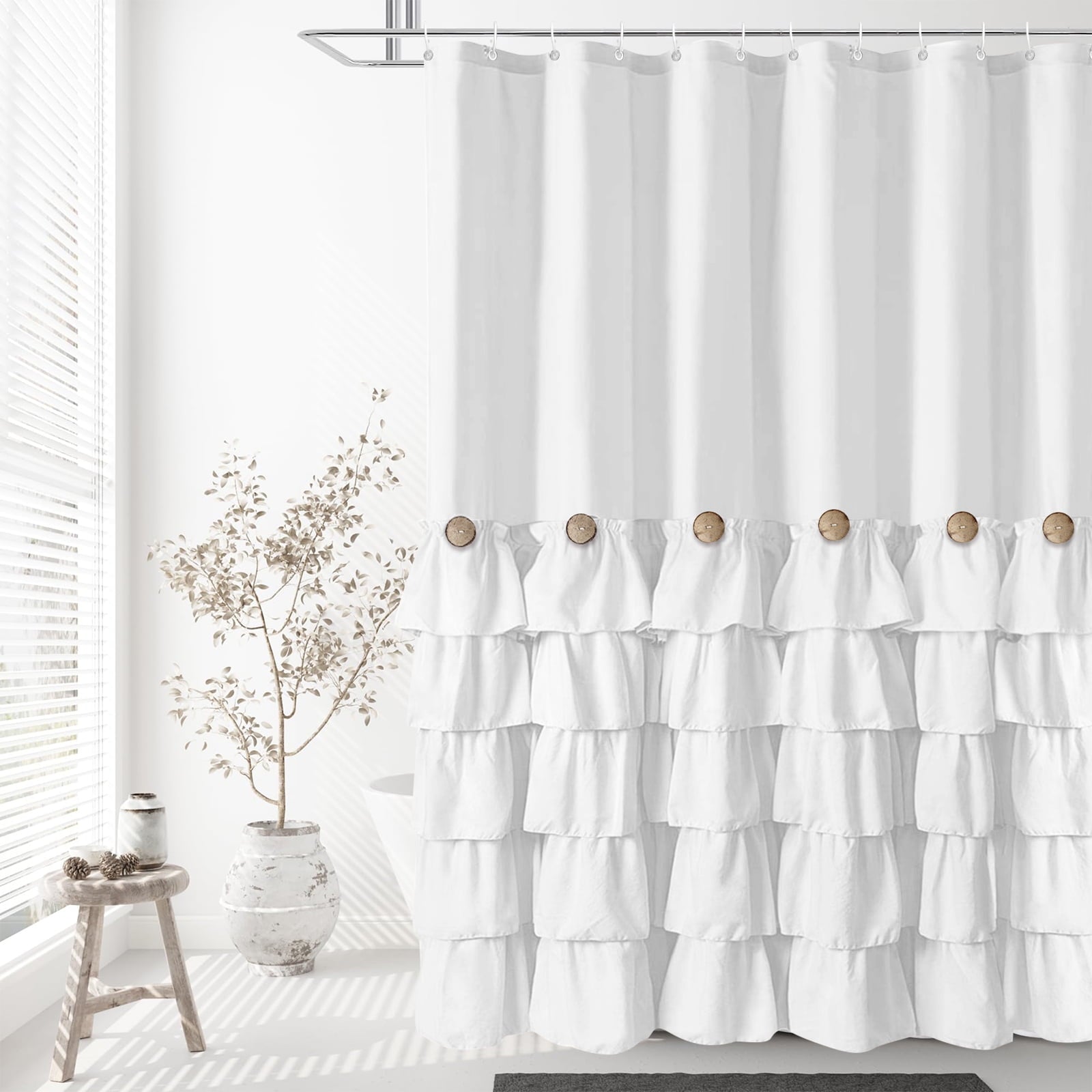 Shower Curtain with Buttons and 12 Hooks for Bathroom, White, 72" x 72" - Image 5