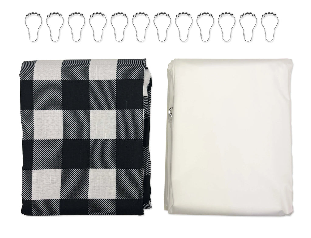14-Piece Plaid Faux Linen Shower Curtain Set with Hooks & Liner Rustic Cabin Bathroom Decor, 72" x 70 - Image 2