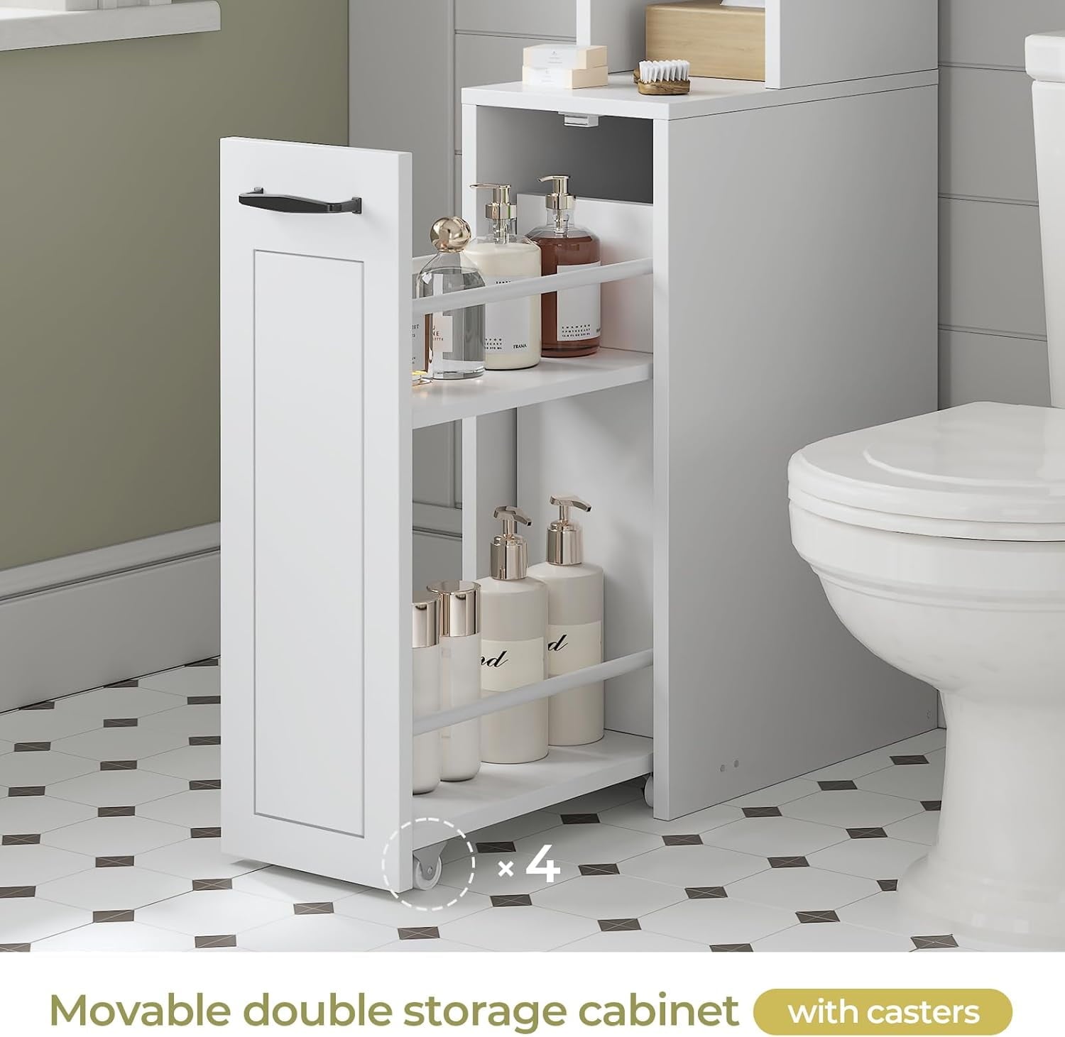 The Toilet Storage Cabinet with Pulley, Bathroom Storage Cabinet, with Adjustable Shelf and Open Shelf for Bathroom, ... - Image 6