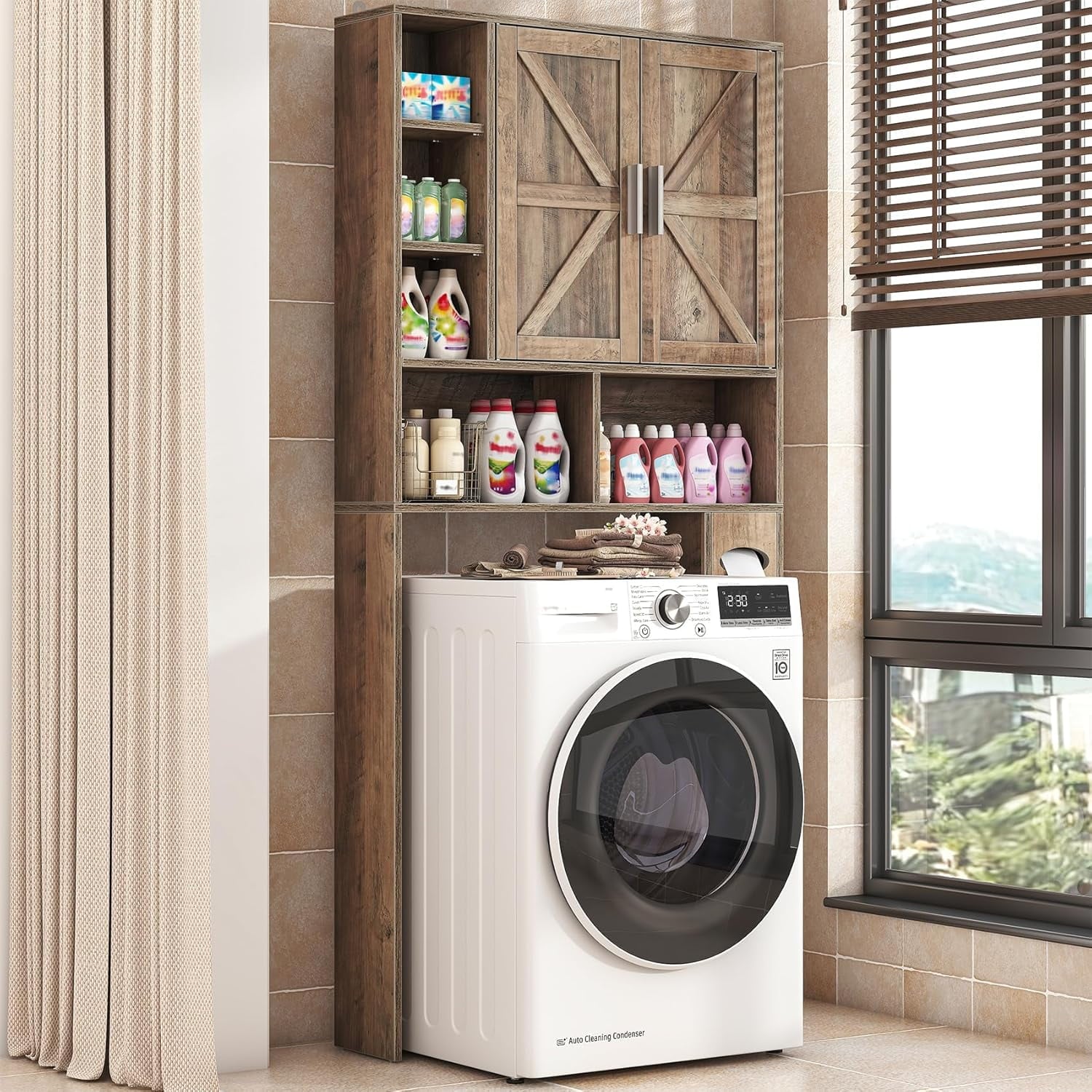 Cabinet with 2 Barn Doors, 10 Adjustable Shelves & Tissue Holder,Bathroom Storage,Grey - Image 3