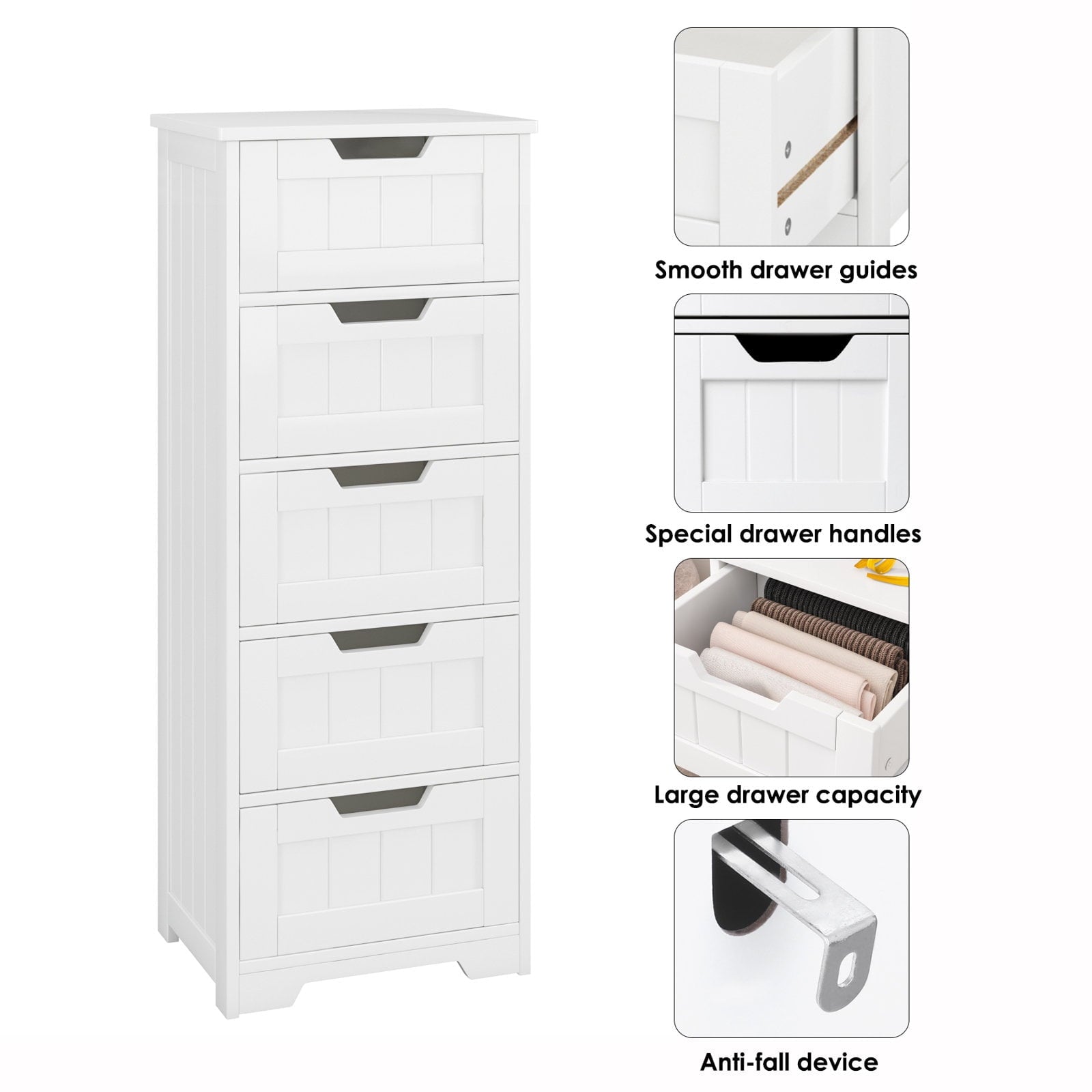 Bathroom Cabinet, Free Standing Storage Cabinet with 5 Drawers Organizer Unit for Living Room Bedroom, White - Image 4