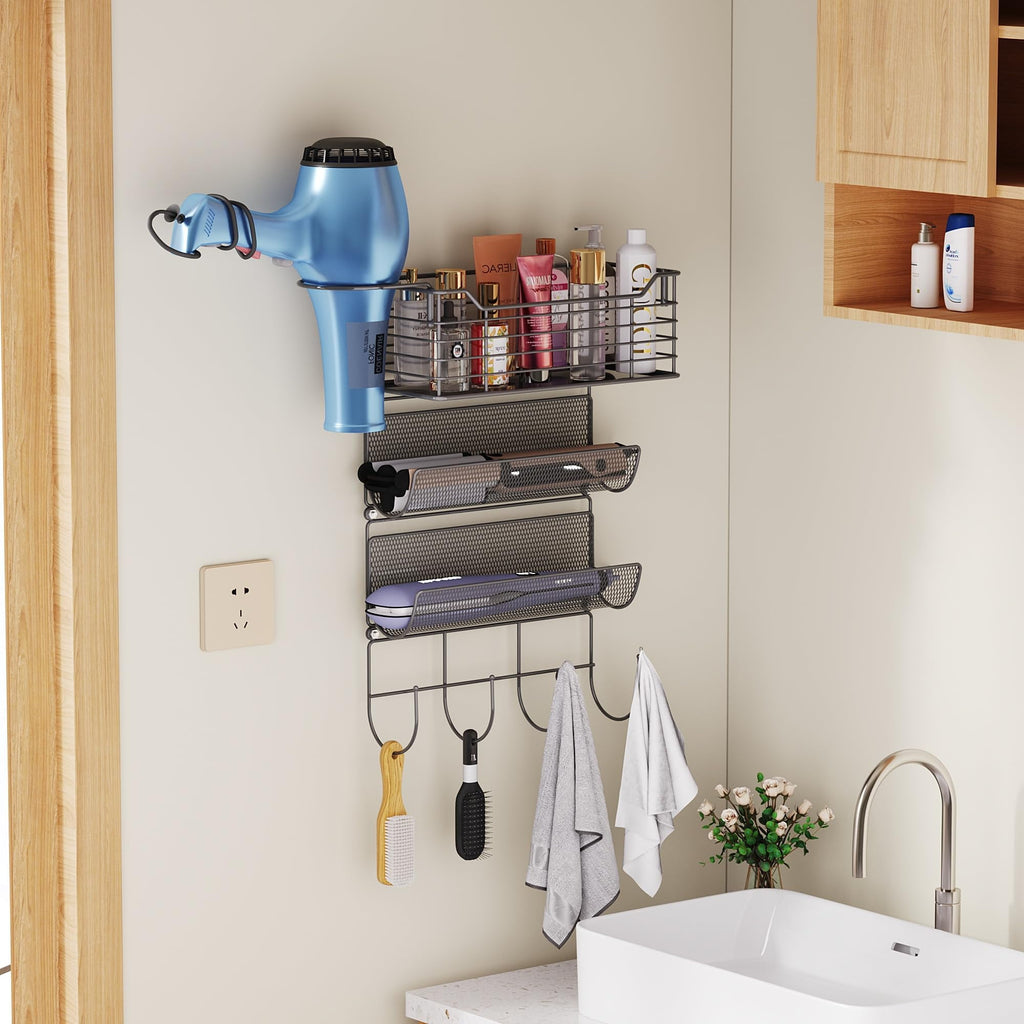 Metal Hair Tool Organizer Wall Mount, Hair Dryer Holder with 3 Tier Shelf Basket Hooks, Bathroom Hair Styling Tool Or... - Image 6