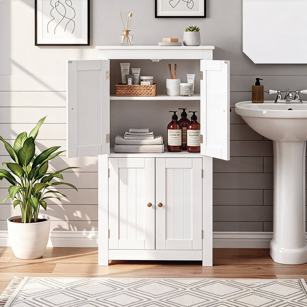 Bathroom Floor Storage Cabinet, Freestanding Cabinet with 4 Doors, Adjustable Shelves, White - Image 3