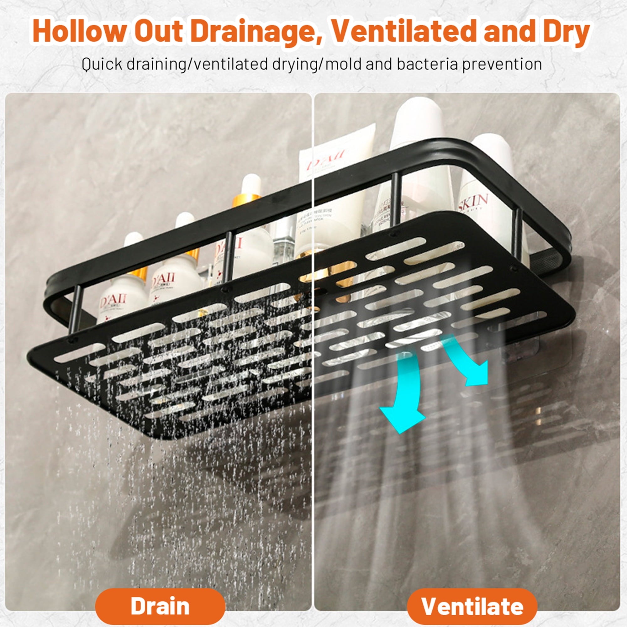 2 Pack Adhesive Organizer, Rustproof Metal Shelves, No-Drill Bathroom Organizers and Storage, Black - Image 2