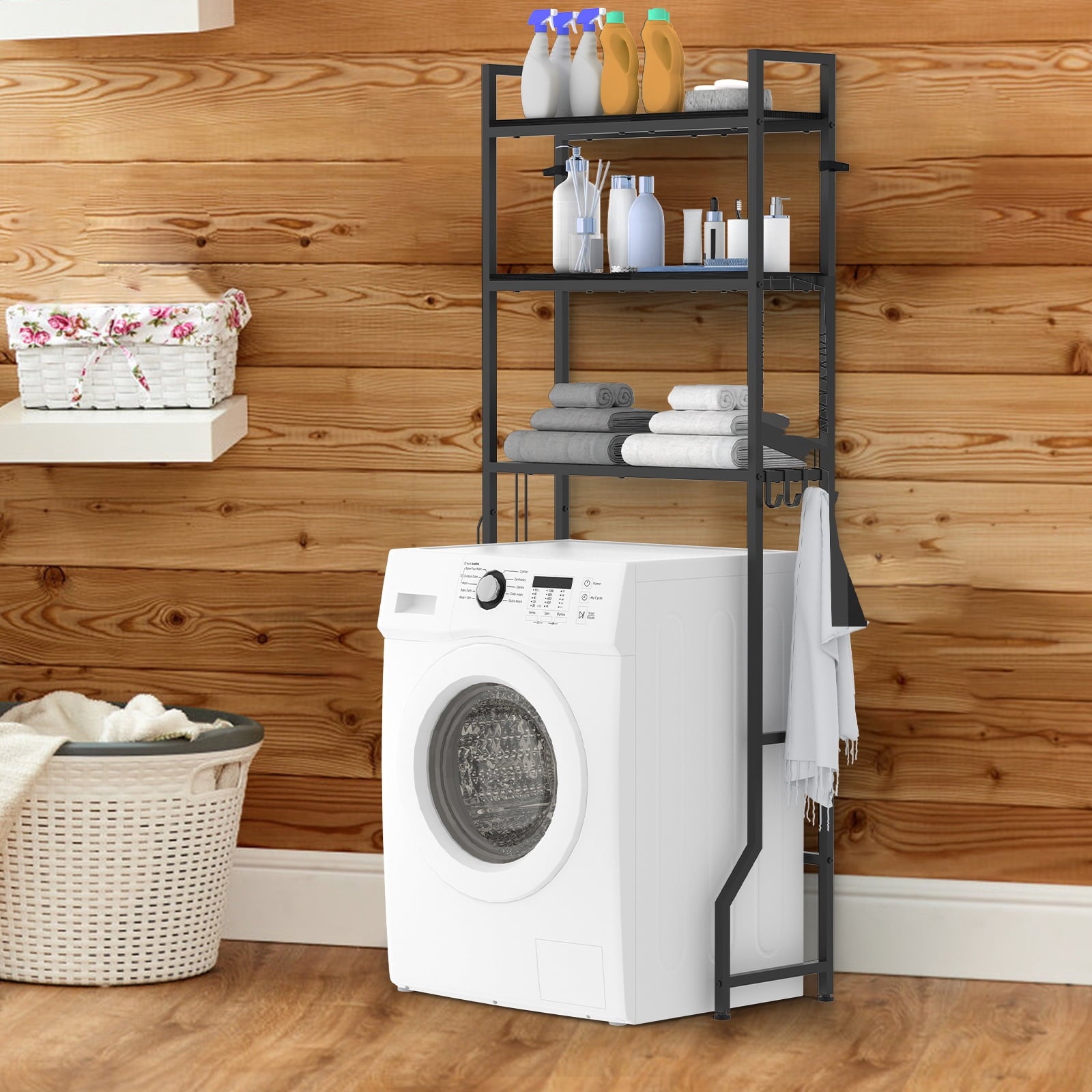 3-Tier Storage Cabinet, Black Freestanding Bathroom Organizer with 4 Hooks for Restroom and Laundry Room - Image 2