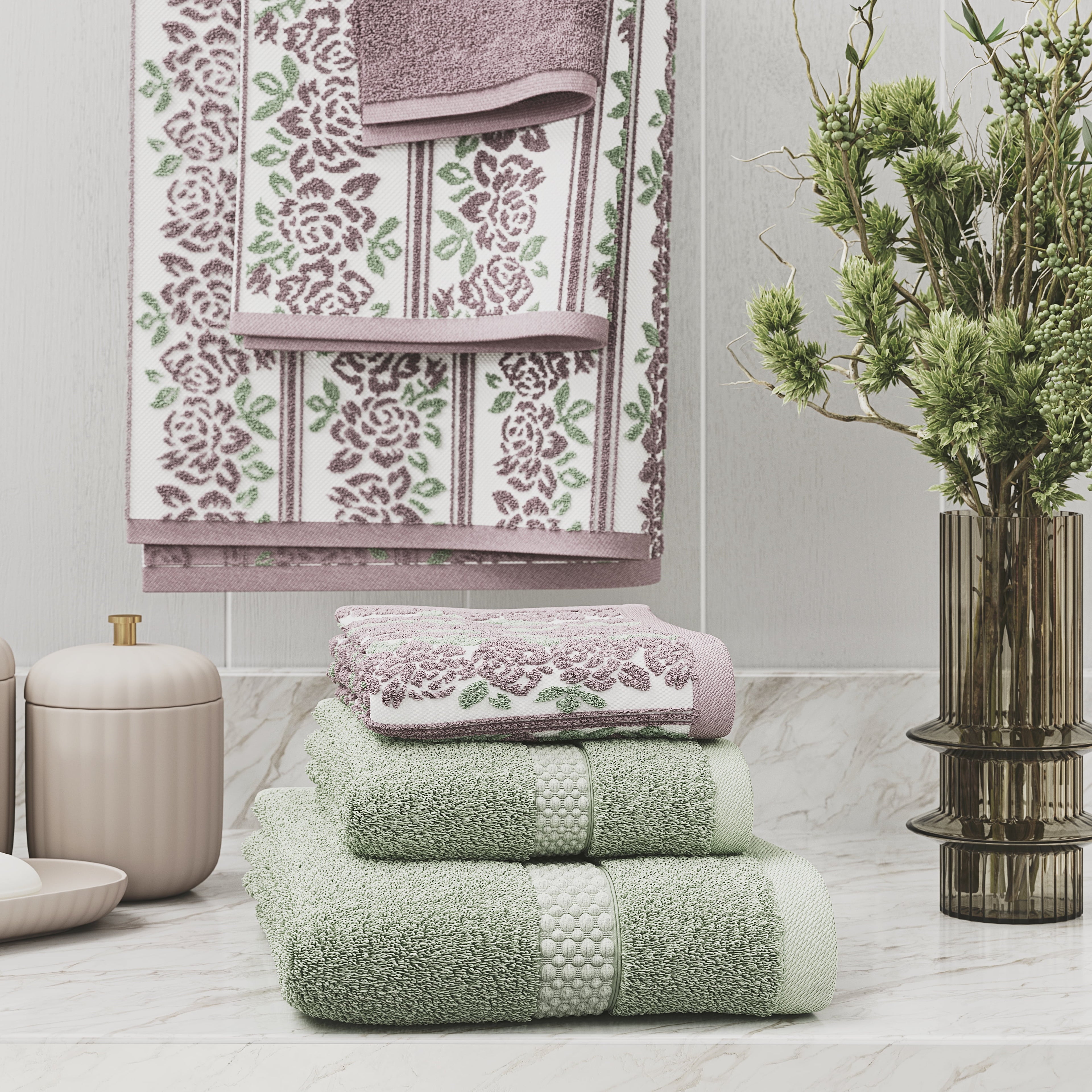 Beautiful by Drew Barrymore 6-Piece Dobby Bath Towel Set, Soft 100% Cotton, Smokey Blue - Image 3