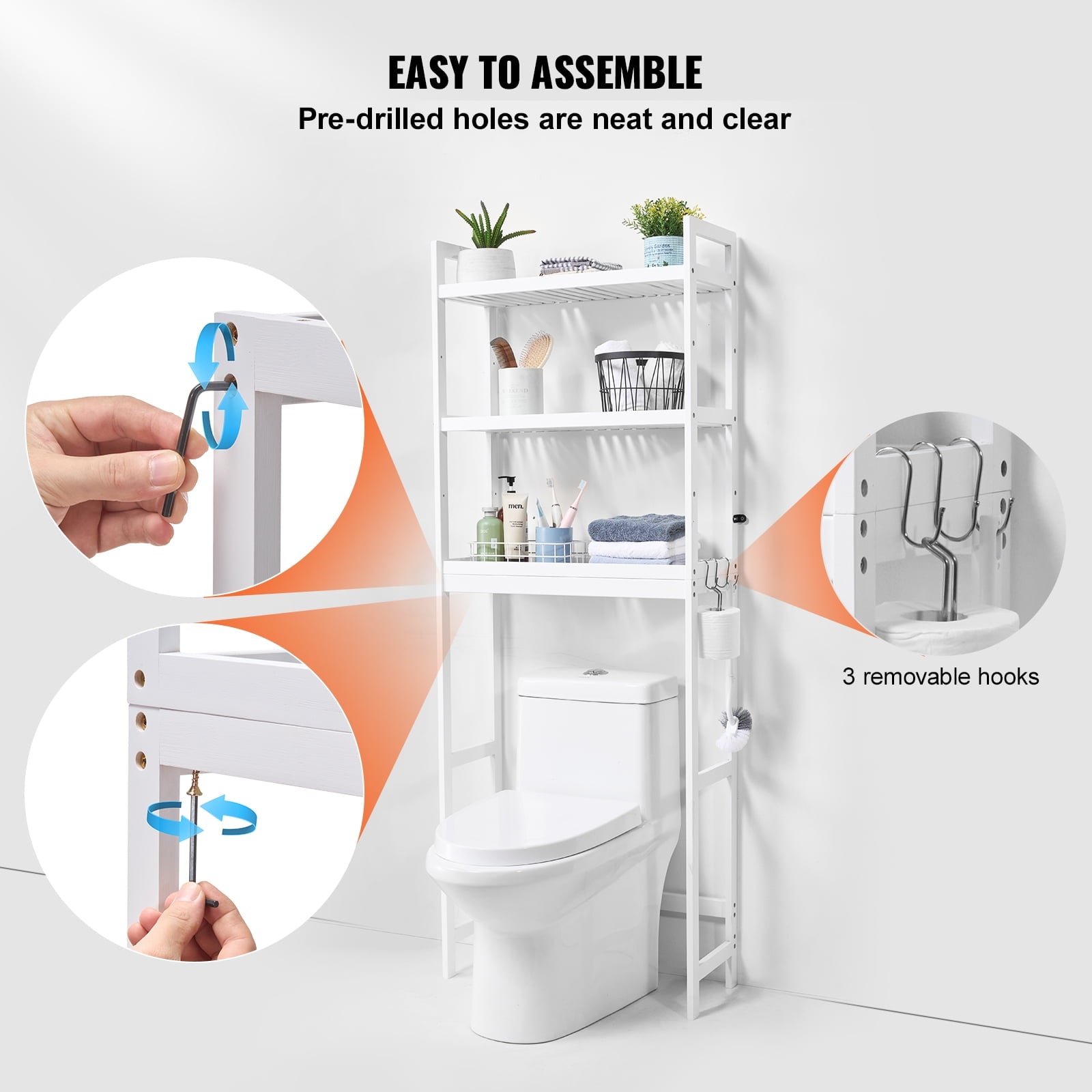 Bathroom Storage Above Toilet, 3-Level Adjustable Bamboo Organizer, Shelf Rack with Trio Hooks, Independent Assembly ... - Image 5