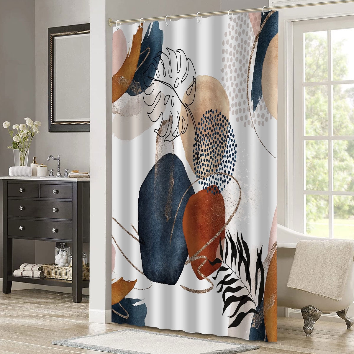 Curtain, Boho Mid Century Modern Neutral Geometric Bathroom Curtain Decor with 12 Hooks, 72" x 72" - Image 5