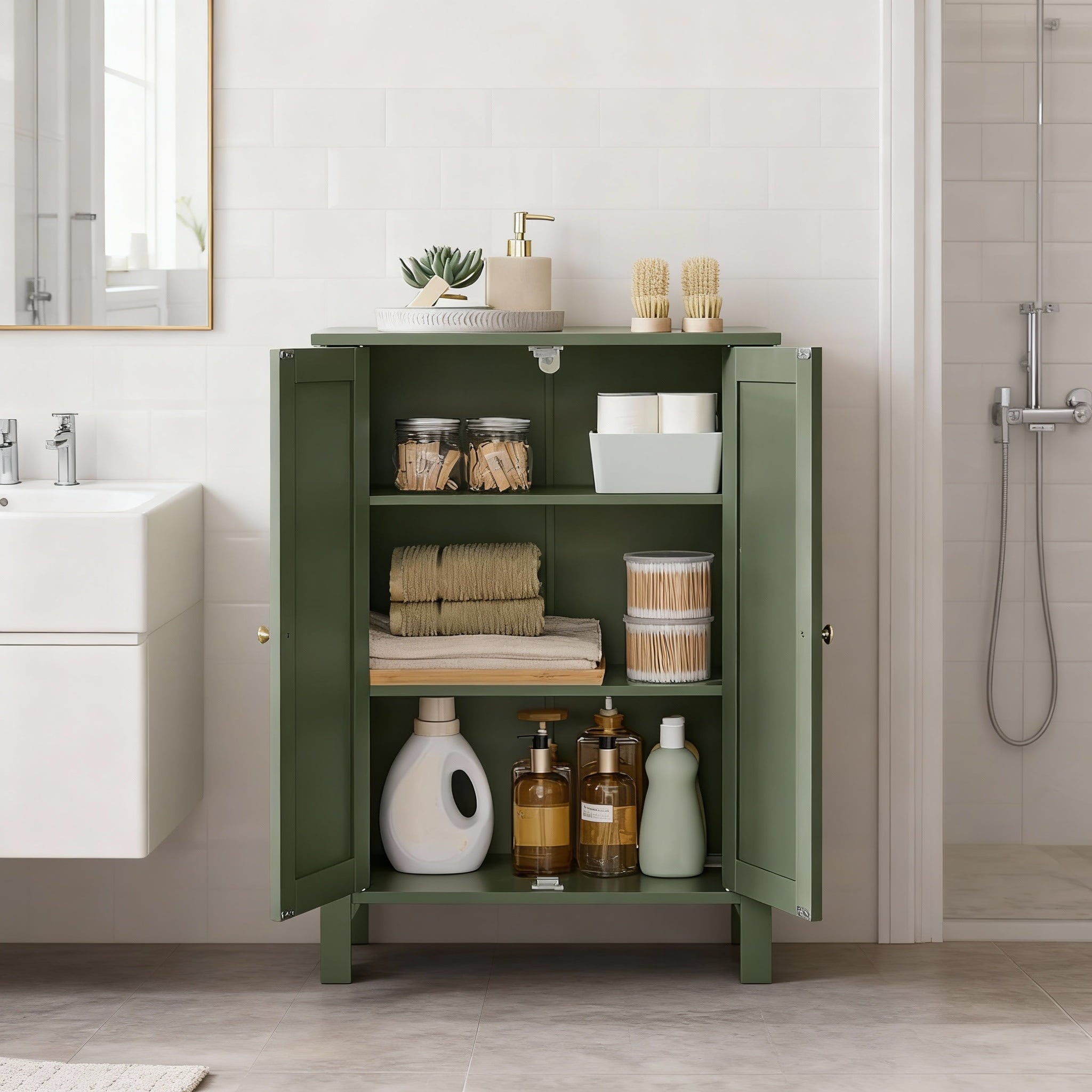 Bathroom Cabinets Freestanding, Bathroom Storage Floor Cabinet with Doors and Adjustable Shelves, Green - Image 3