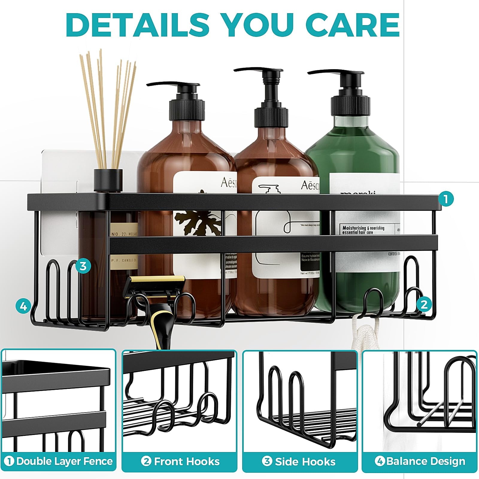 AHOXE Adhesive Shower Caddy, 5 Pack Rustproof Stainless Steel Bath Organizers With Large Capacity, No Drilling Shelves for Bathroom Storage - Image 3