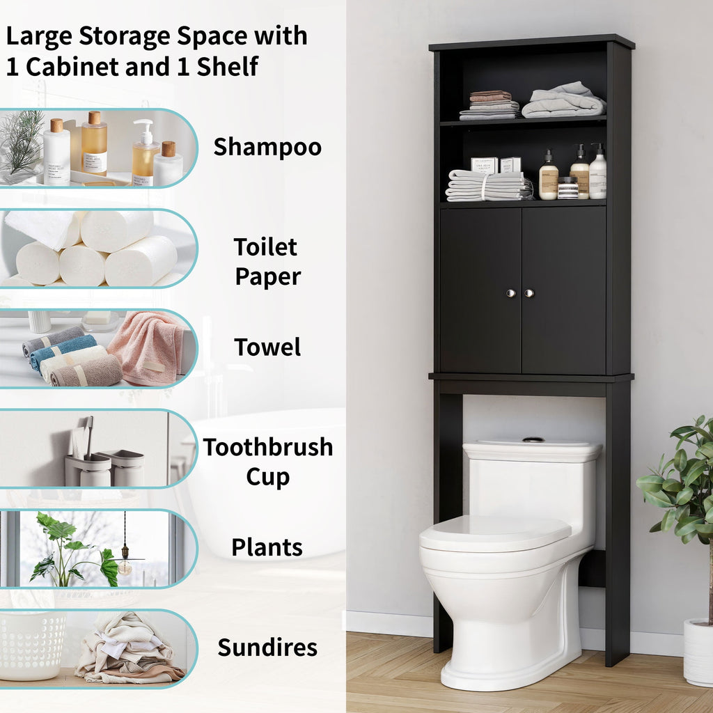 the Toilet Storage Cabinets Wood Bathroom Organizer Shelf Rack Space Saver with 2 Doors 4 Shelves Anti-Tip Device Black - Image 2