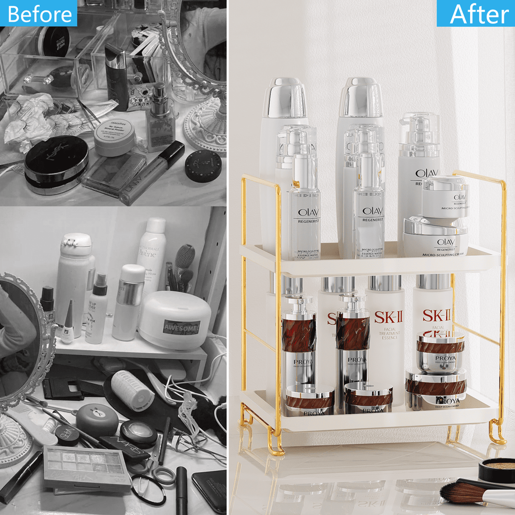 2-Tier Bathroom Countertop Organizer, Kitchen Spice Rack or Makeup Skin Organizer Vanity Bedroom Storage Tray (Gold) - Image 3