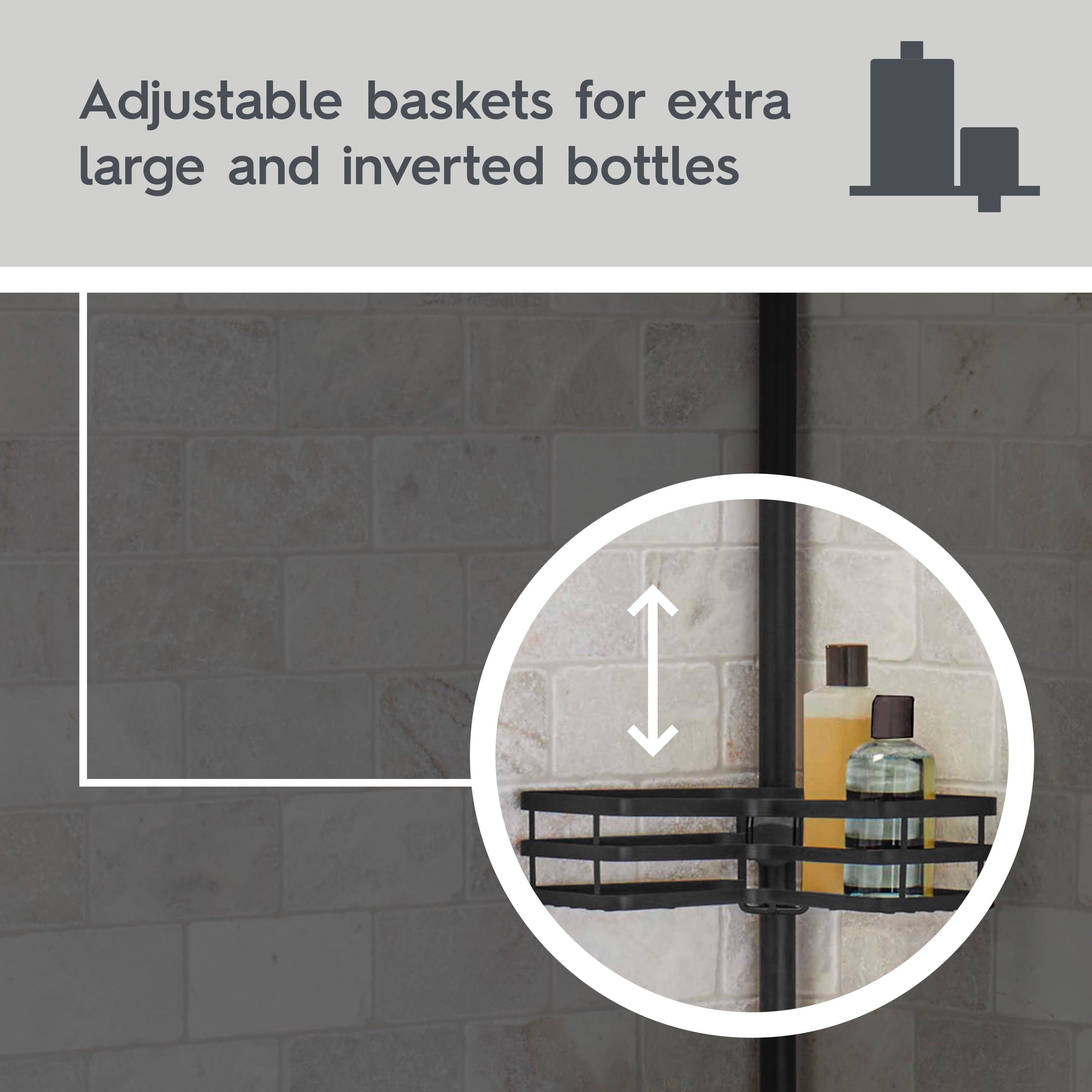 Matte Black Rust-Resistant Tension Pole Shower Caddy with 3 Adjustable Baskets - Image 5