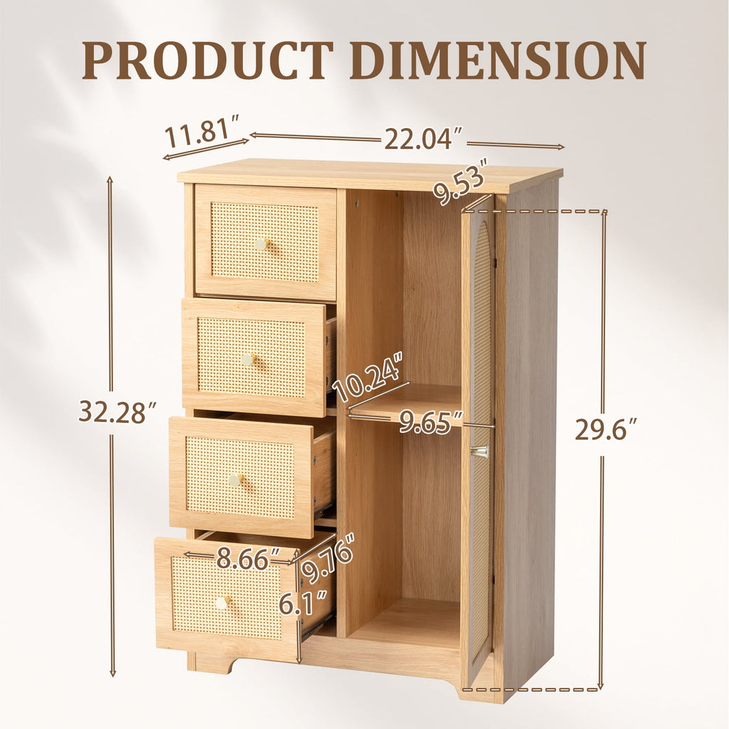 Ktaxon Wooden Bathroom Floor Cabinet, Side Storage Organizer with 4 Drawers, 1 Cupboard & 2-Shelves, Rattan - Image 4