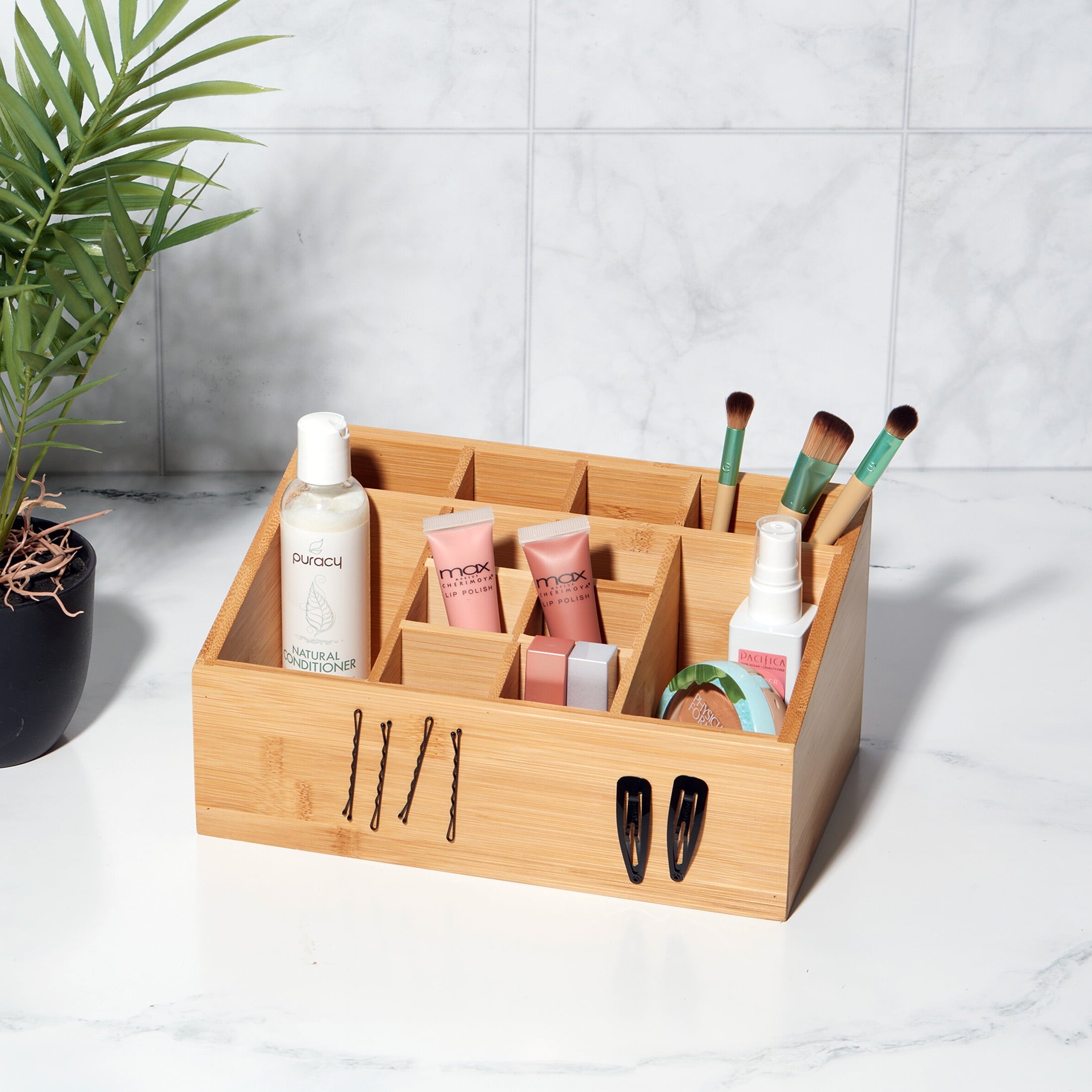 12-Compartment Bamboo Bathroom Organizer, Brown - Image 5