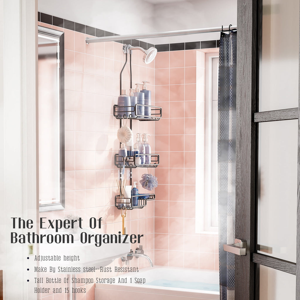 SHINGONE Adjustable over Head Shower Caddy: Hanging Bathroom Organizer for Large Bottles & Tall Showerheads - Rustproof Storage Shelf with S - Image 2