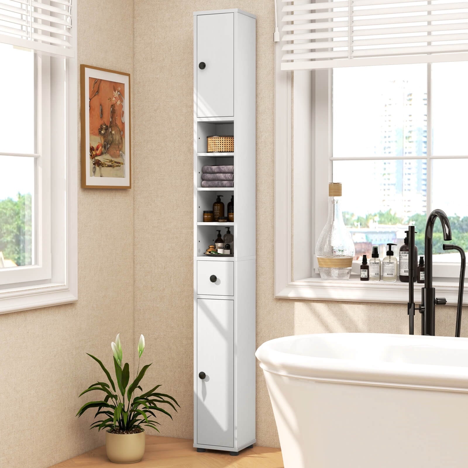 Costway Tall Slim Bathroom Storage Cabinet Linen Towerwith Drawer & Adjustable Shelves White - Image 2