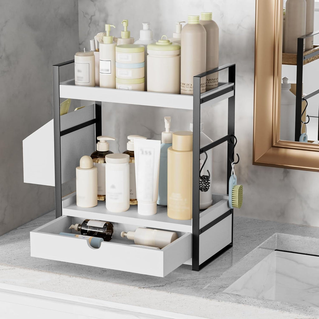 Gijjgole 2-Tier Bathroom Counter Organizer with Drawer and Basket, Wood Countertop Organizer for Storage, Skincare Organizers for Vanity, Co - Image 2