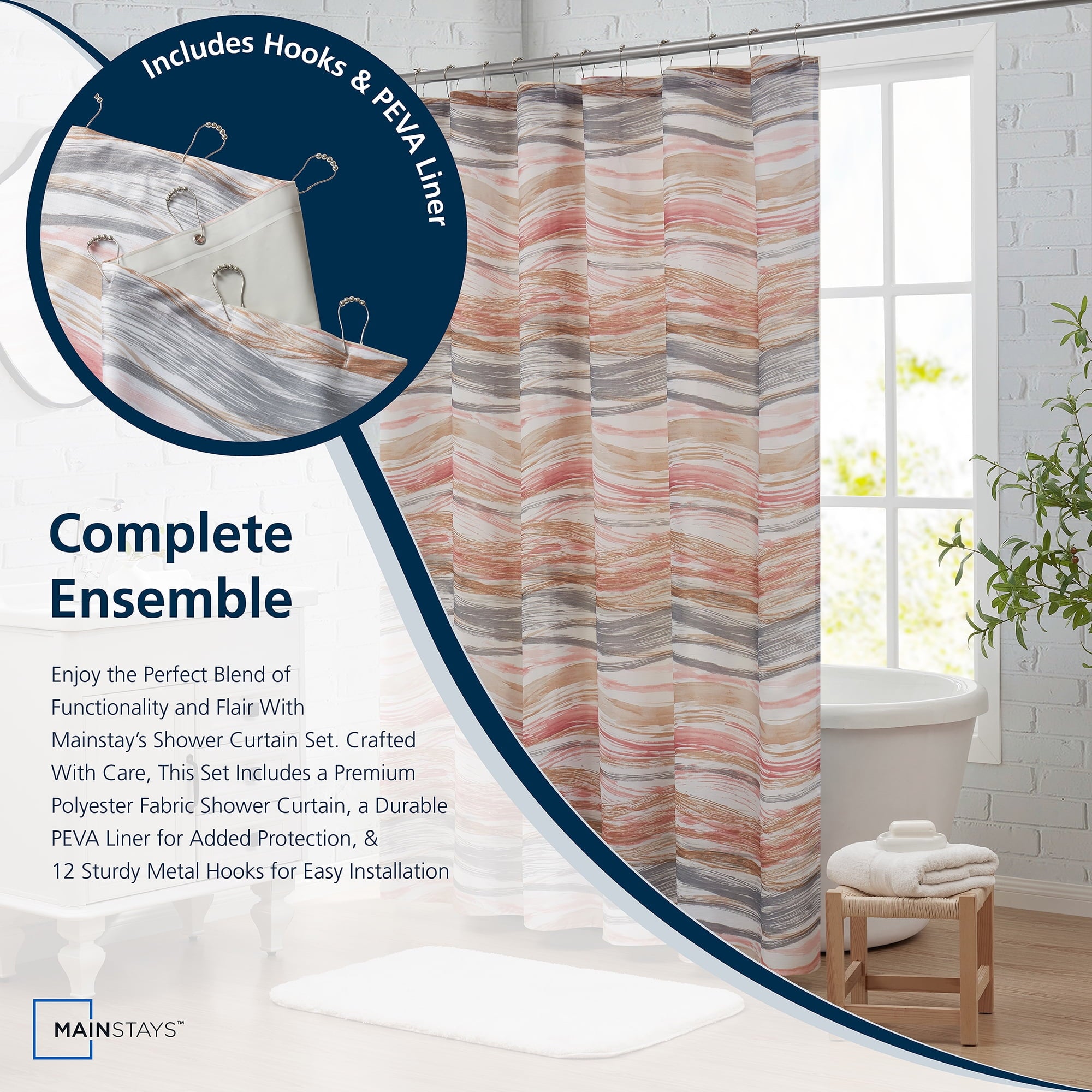 14-Piece Wave Shower Curtain Set 72" x 72" Fabric Curtain, Liner & Metal Hooks, Moisture-Repellent, Machine Washable - Image 5