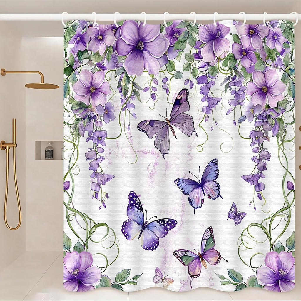 Floral Bathroom Decor with 12 Hooks, Purple Lavender Lilac Flower Waterproof Polyester Bath s, Modern Home Bedroom De... - Image 2