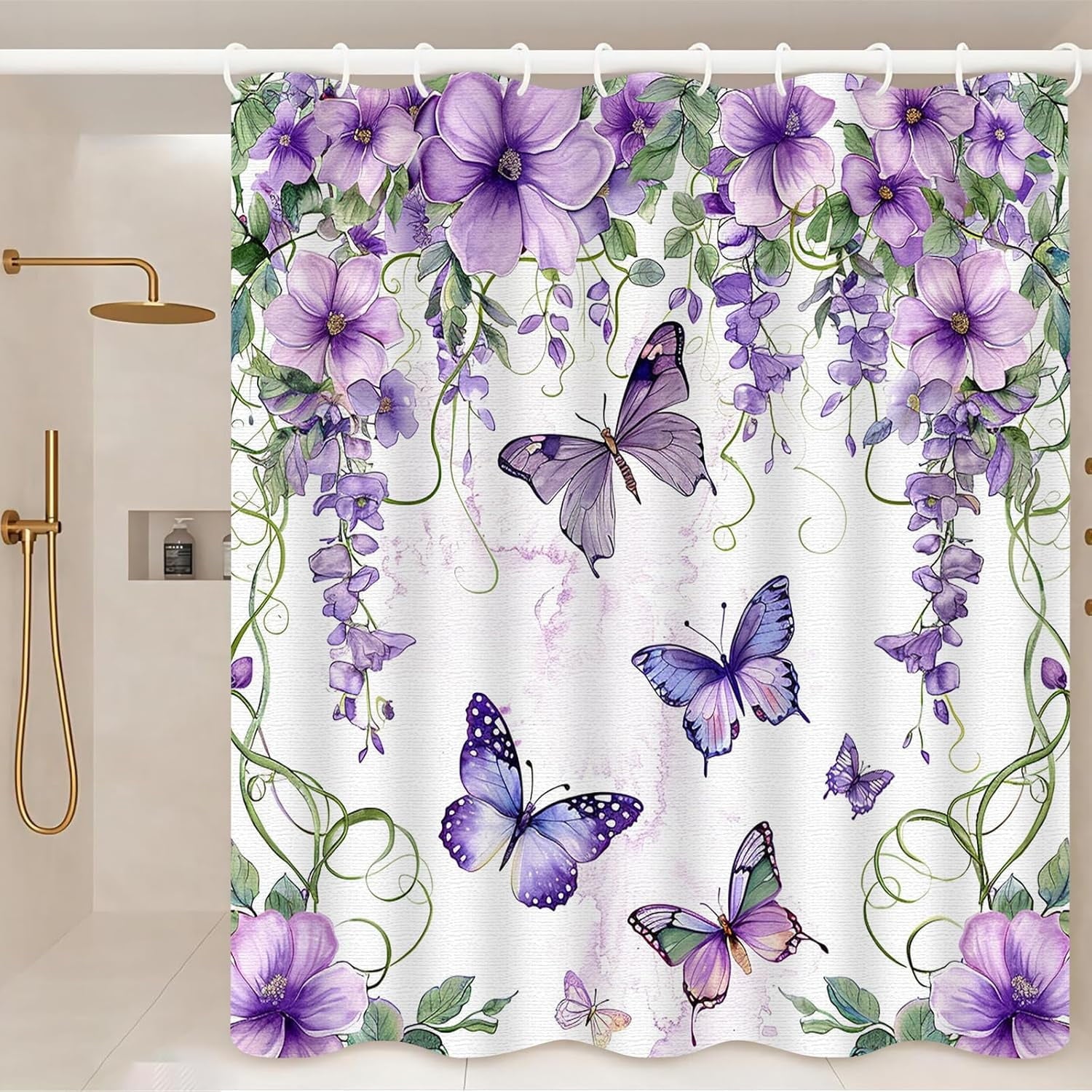 Floral Bathroom Decor with 12 Hooks, Purple Lavender Lilac Flower Waterproof Polyester Bath s, Modern Home Bedroom De... - Image 2