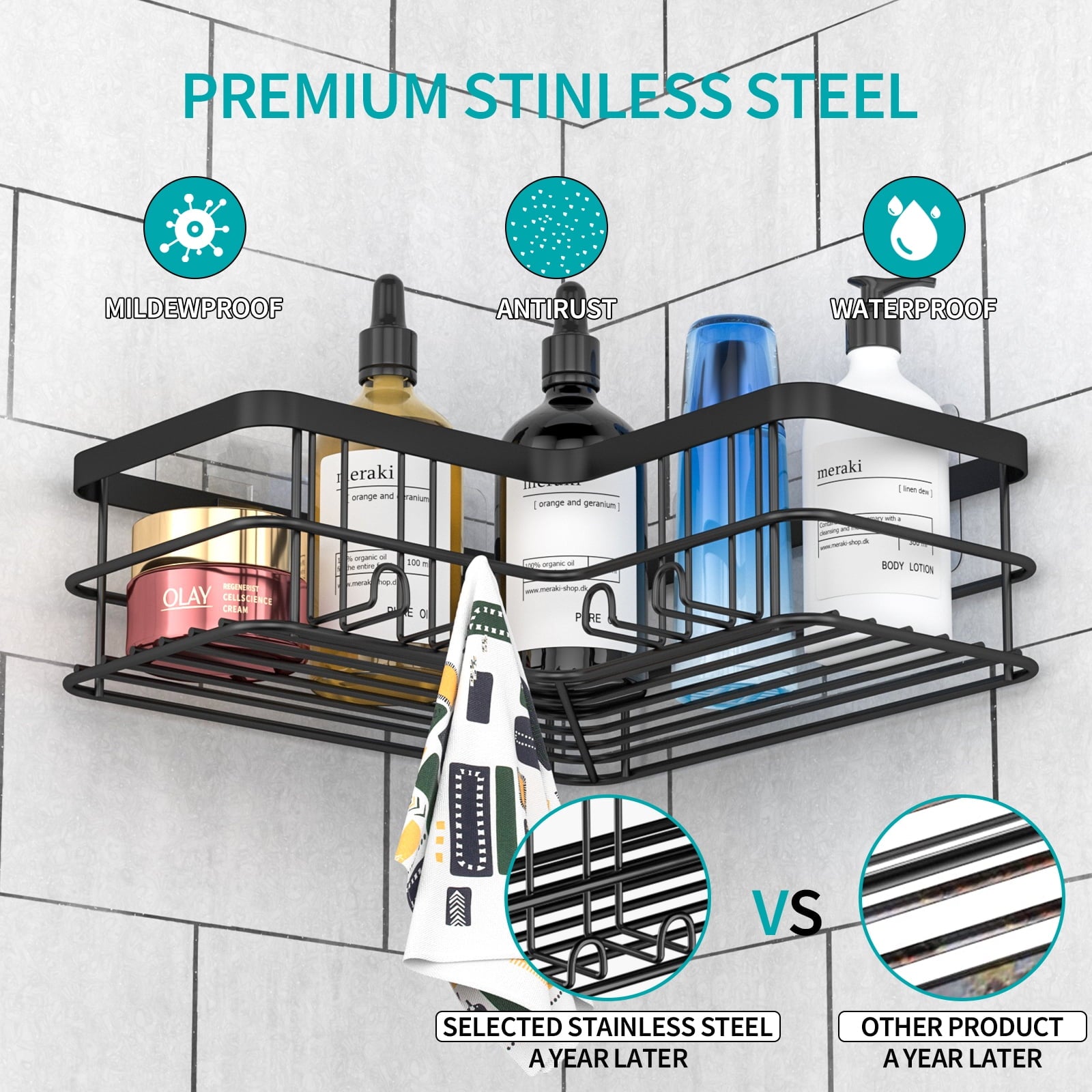 2-Shelf Caddy Corner, No Drill Rustproof Stainless Steel Bathroom Organizer Wall Mounted with 8 Hooks,Black - Image 3