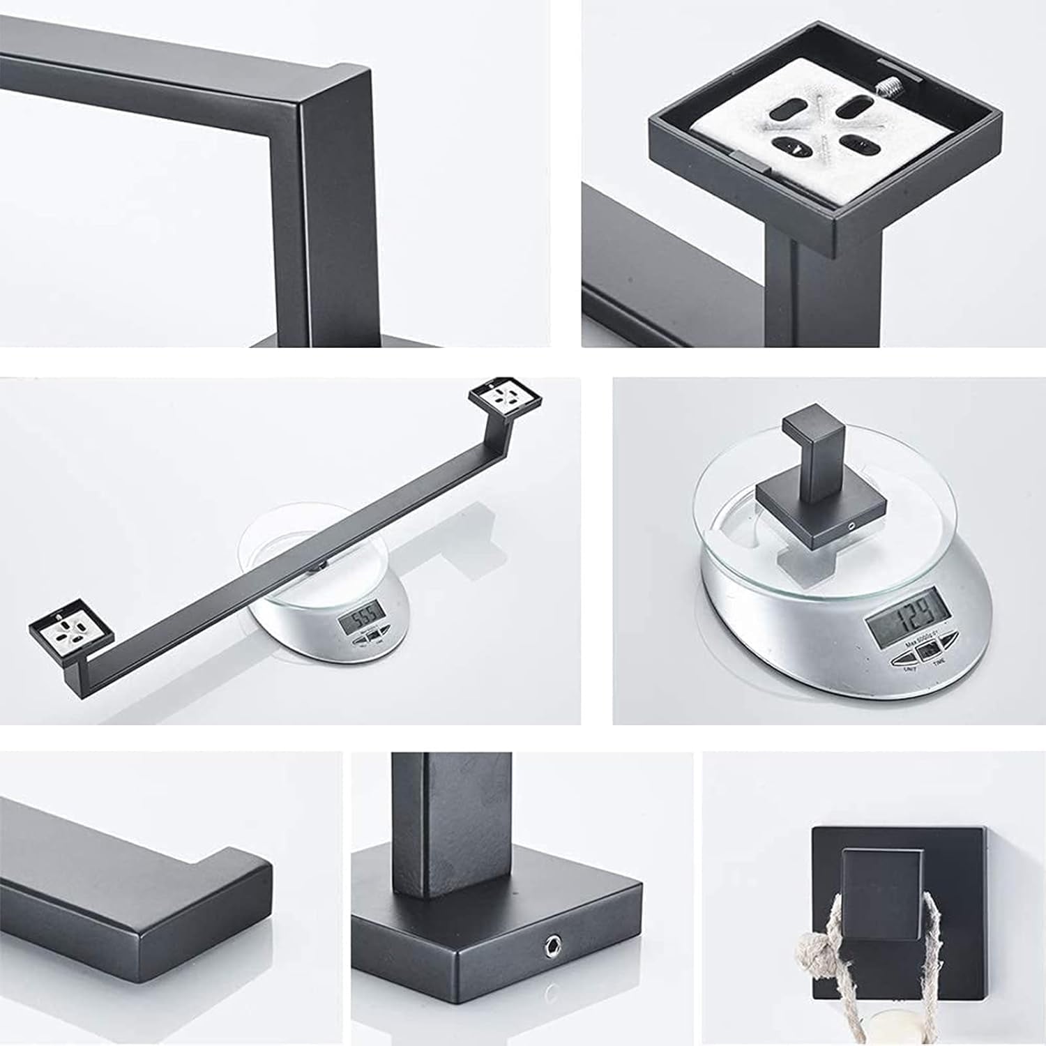 Black 5-Piece Square Bathroom Hardware Set with Towel Bar, Hook, Toilet Paper Holder and Ring（Black） - Image 3