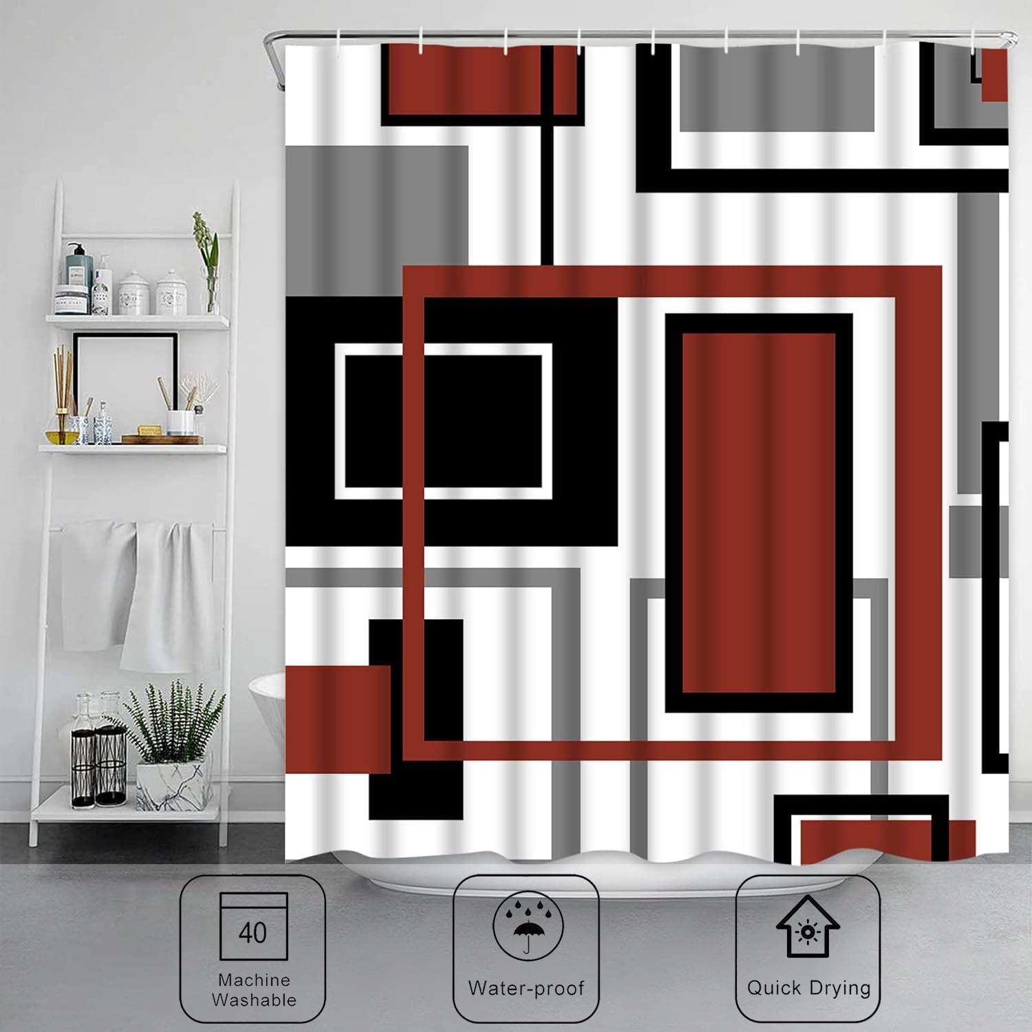 Red Black Geometric Shower Curtain and Rug Sets, 16 Pc Modern Abstract Bathroom Sets, Waterproof Fabric Shower Curtai... - Image 4