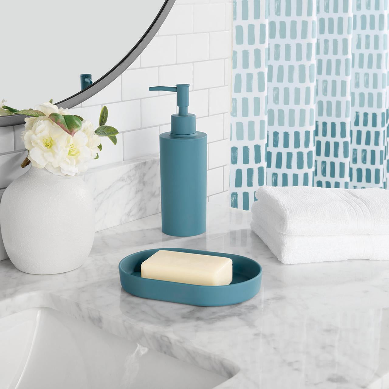 Mainstays 16-Piece Ombre Stripe Shower Curtain Bathroom Set  Blue Fabric Curtain with Rug, Hooks, Soap Dispenser & Tray - Image 2