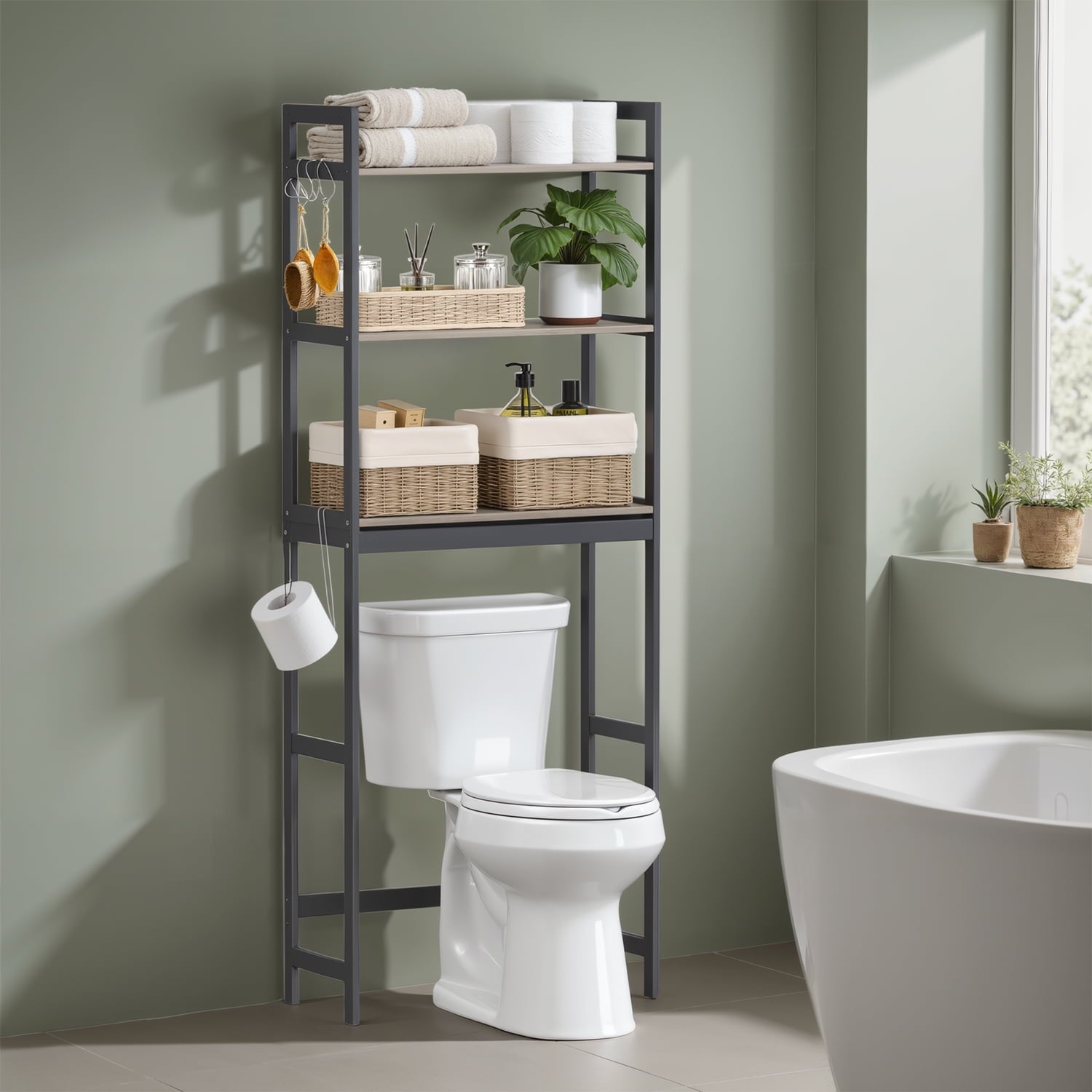 3-Tier Storage Organizer with Adjustable Shelves & Hooks, Bamboo Bathroom Shelving Unit, Heather Greige and Ink Black - Image 2