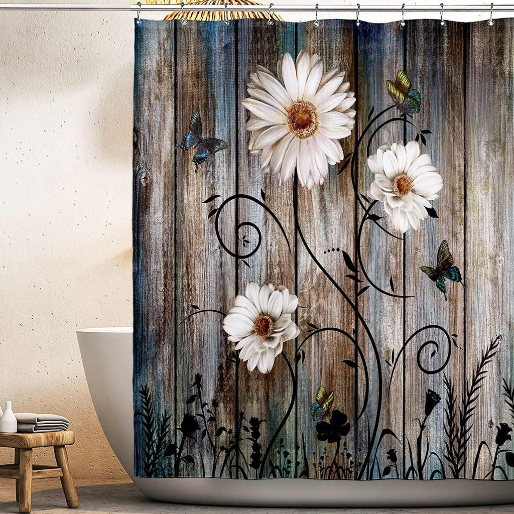 Curtain Set Grey Floral Fabric Bath Curtain 12 Hooks Butterfly Daisy American Country Farm Style 72×72 Inches - Image 6