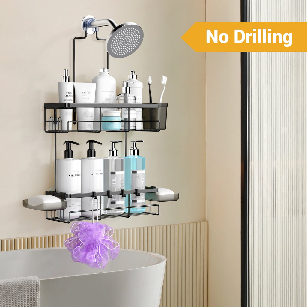 over Head: Stainless Steel Bathroom Organizer for Shampoo with Soap Holder, Hooks, Toothbrush Holder- Black - Image 6