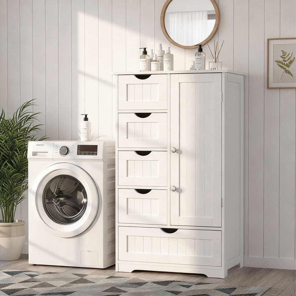Wooden Bathroom Floor Cabinet, Side Storage Organizer with 5 Drawers, 1 Cupboard & 2-Shelves, White - Image 5