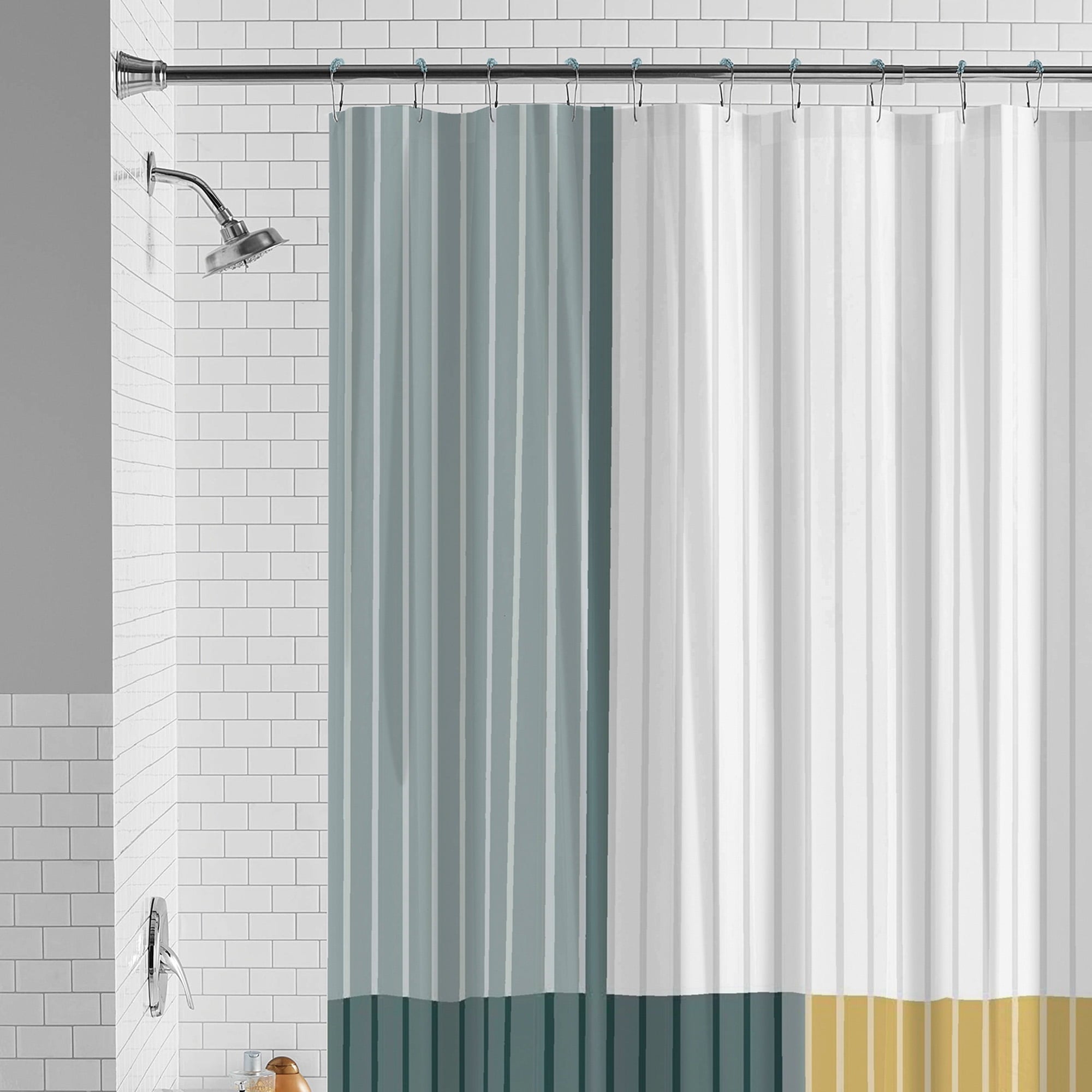 13-piece 30% Recycled Green Colorblock Stripe Shower Curtain & Hooks - Image 2