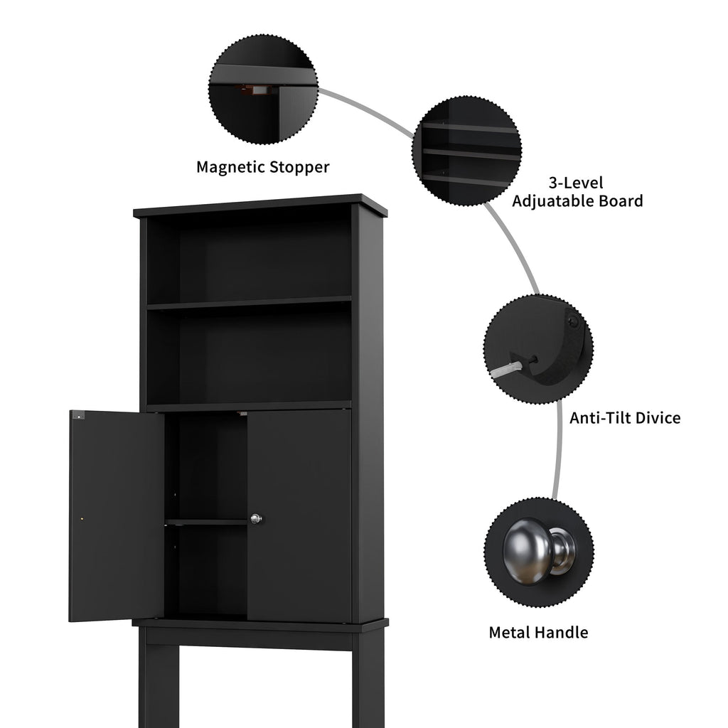 the Toilet Storage Cabinets Wood Bathroom Organizer Shelf Rack Space Saver with 2 Doors 4 Shelves Anti-Tip Device Black - Image 5