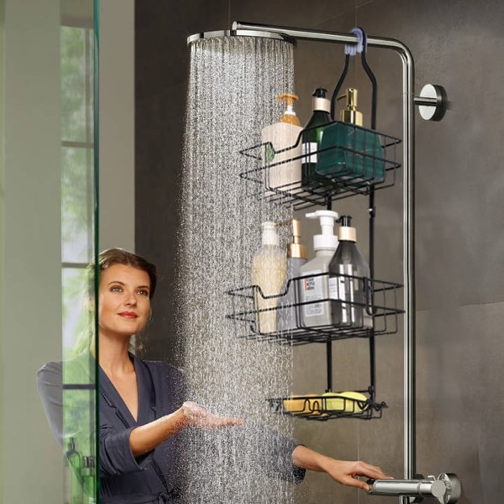 Over Head Shower Organizer, 3 Shelves Hanging Shower Caddy with Hooks, Bathroom Storage Rack for Razor Shampoo and Sponge, Rustproof, No Dri - Image 4